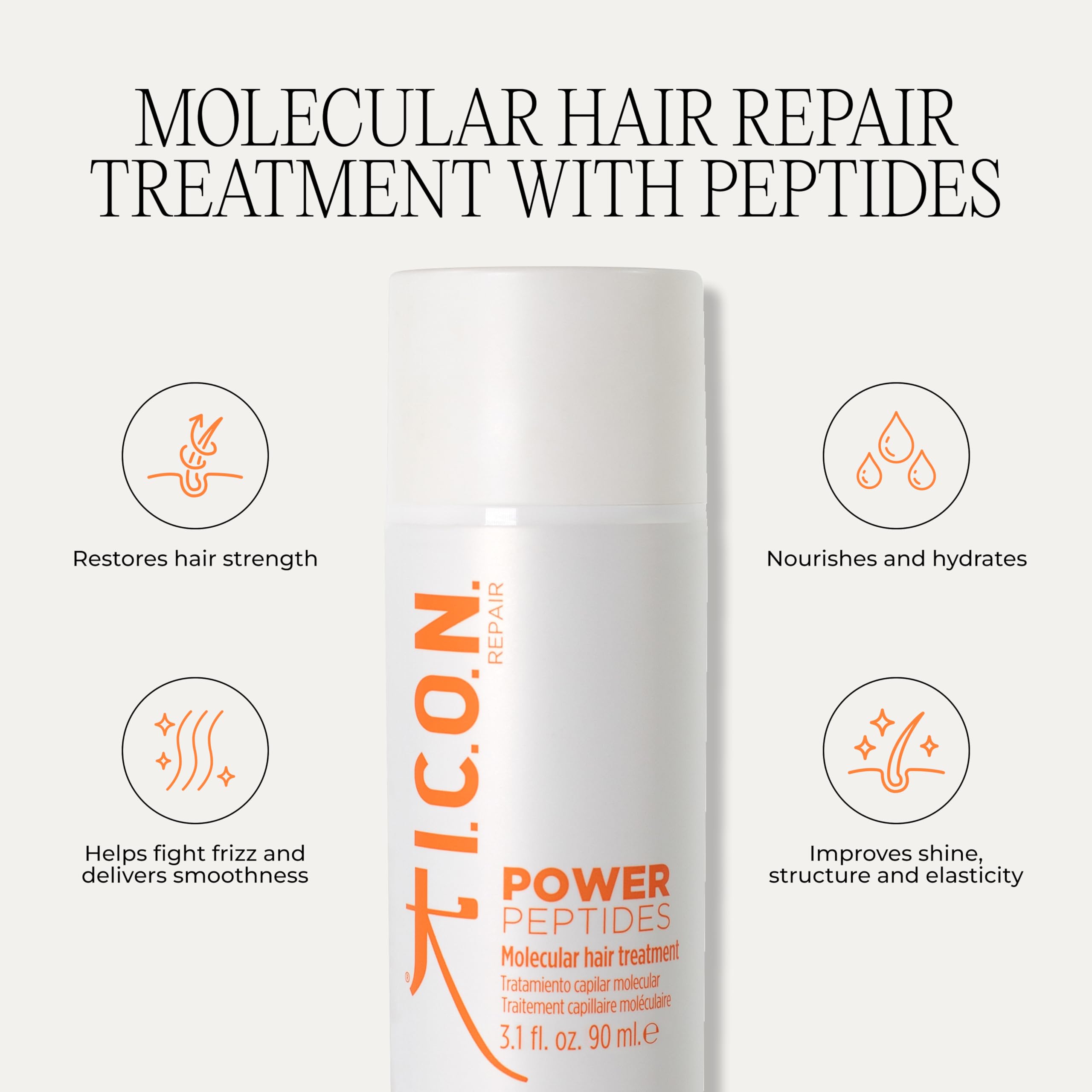 I.C.O.N. Power Peptides Tratamiento Capilar Molecular Sin Aclarado, 90 ml | Ayuda a recuperar la suavidad, flexibilidad y brillo para un cabello con aspecto más saludable.