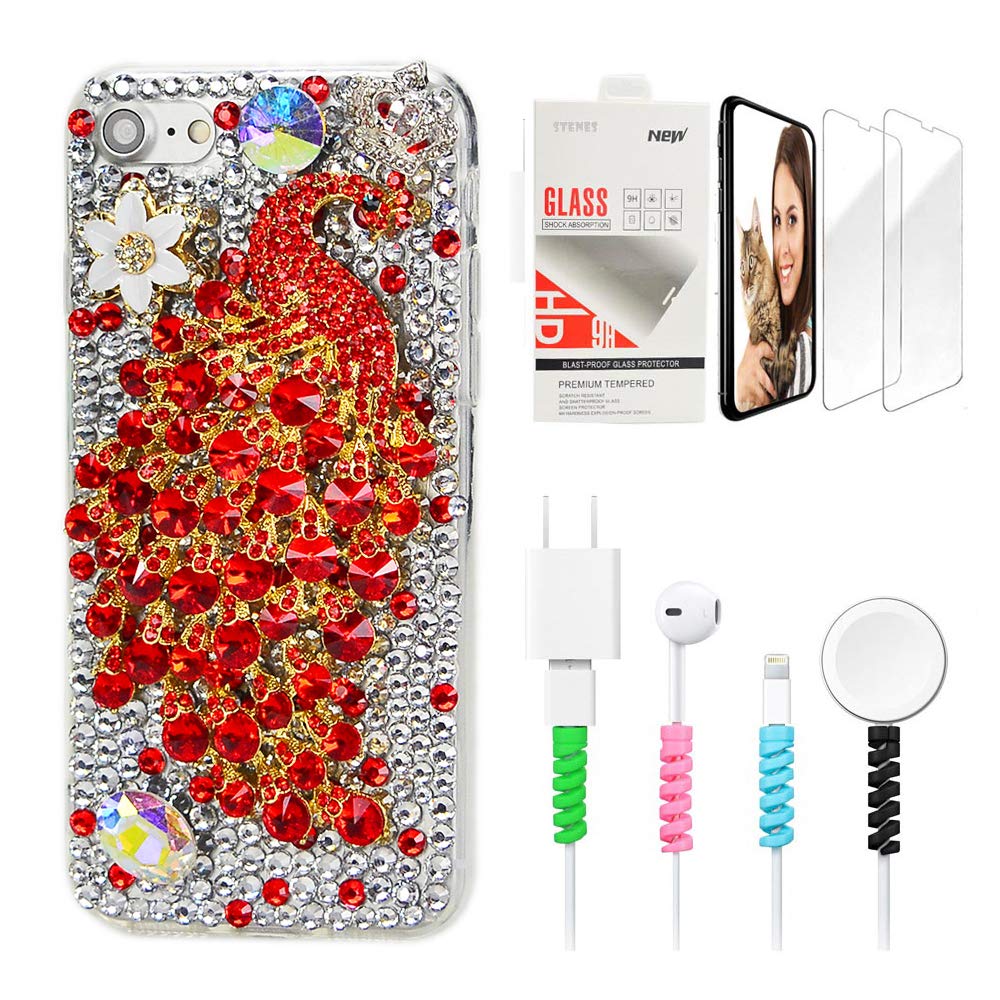 STENES Sparkle Case Compatible with Moto G7 / Moto G7 Plus - Stylish - 3D Handmade Bling Luxury Peacock Flowers Design Cover with Screen Protector & Cable Protector - Red