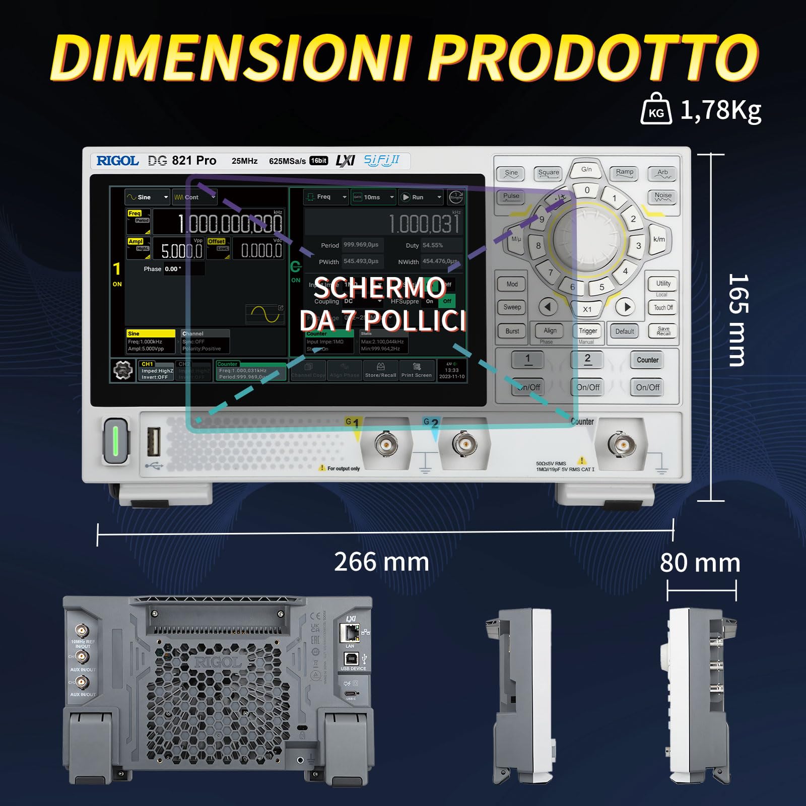 RIGOL Generatore di Segnale,DG821 Pro Generatore di Funzioni,25 MHz,1 Canale,Risoluzione a 16 bit,Schermo touchscreen HD da 7",Ultra-portatile,Perfetto per test sul campo e didattica in laboratorio