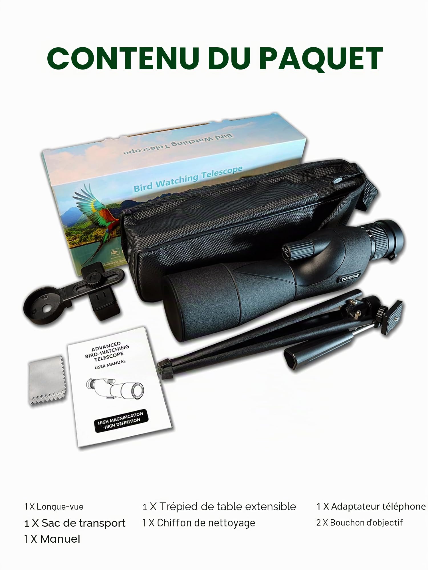 Télescope monoculaire à grossissement élevé HD 25-75 x 60 Multiplicateur variable Low Light Vision nocturne pour tir à la cible, chasse, observation des oiseaux, faune, paysage