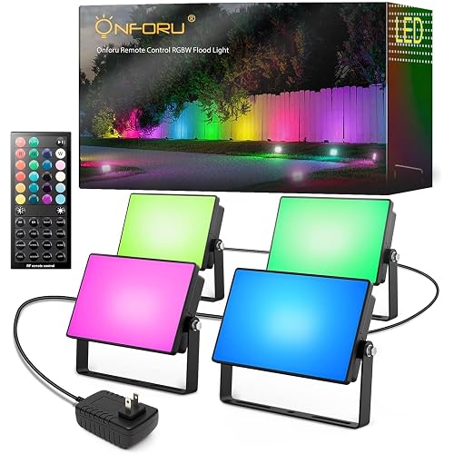 Onforu RGBW Flood Lights Outdoor with Remote, 4 Units in 1 Cord, Plug in | DIY color changing, 7-level dimming, adjustable speed, timer, memory, IP65, warm white uplights for events, Halloween party