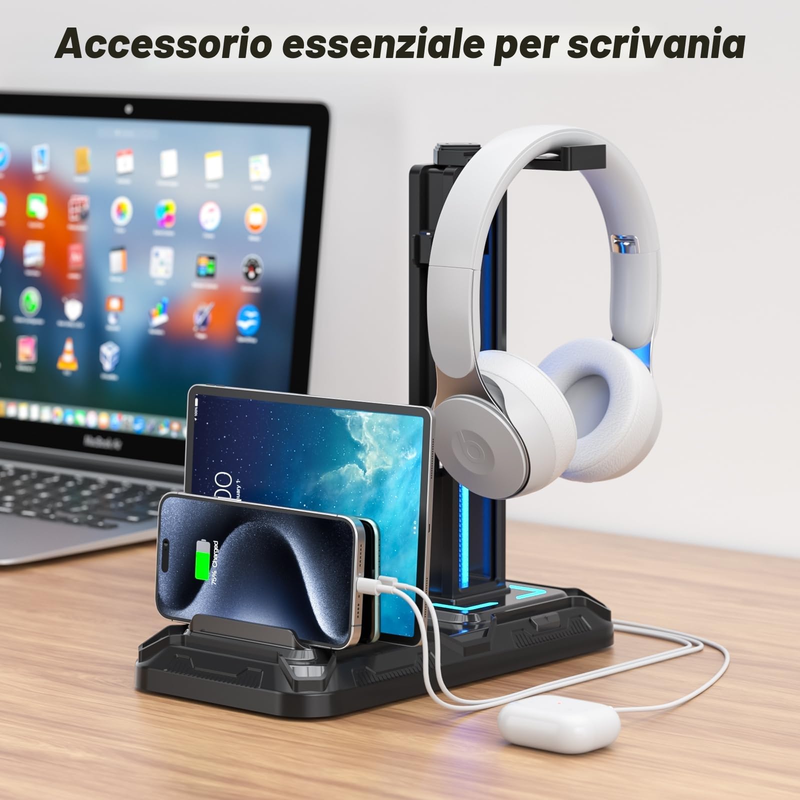 KDD Porta Cuffie da Scrivania con Supporto Telefono, Stand Cuffie Gaming Nero, Porta Controller Staccabile 9 Modalità Illuminazione, USB