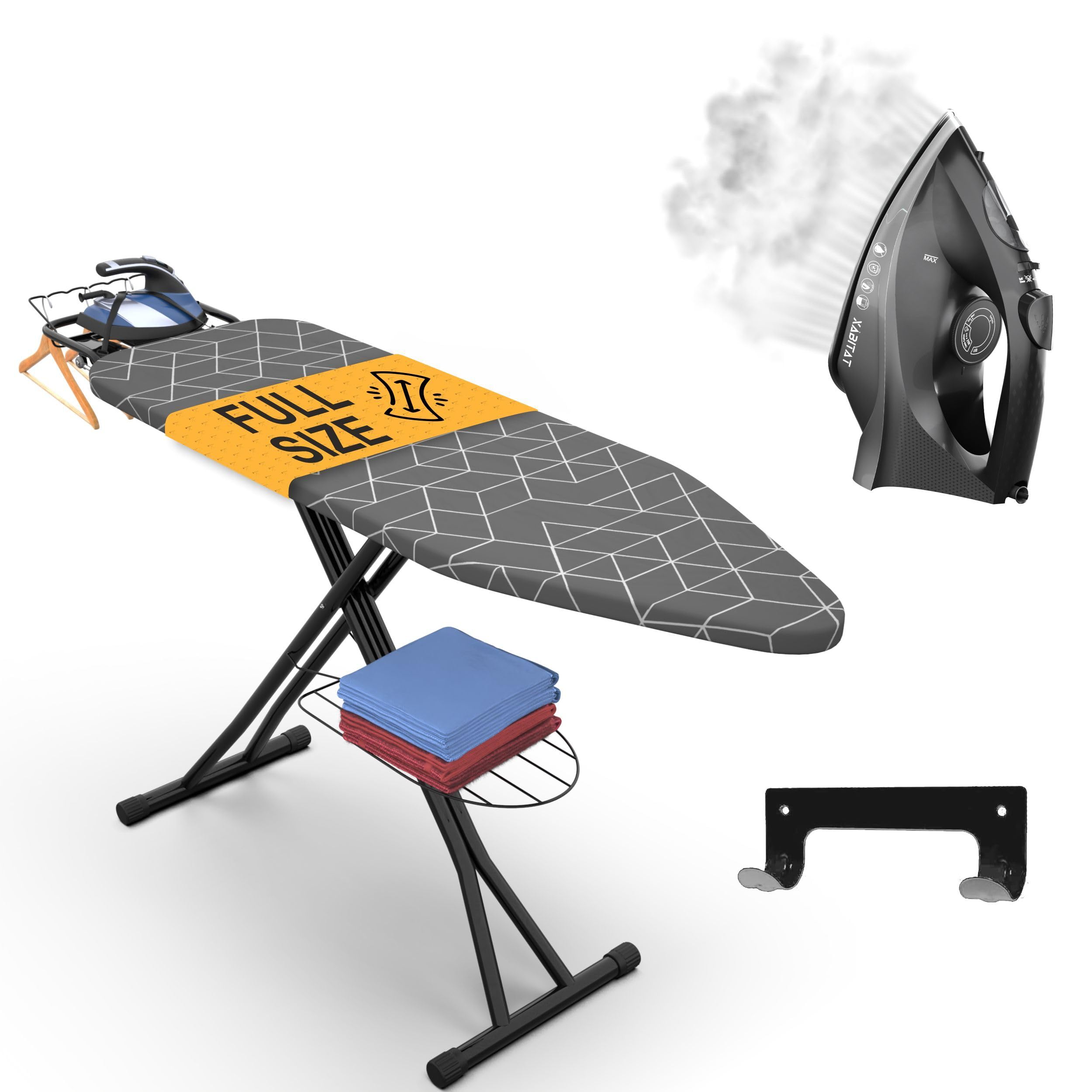 Xabitat 57" X 15" Full Size Ironing Board & Steam Iron Set | Wall Mount Hanger | Full Metal Construction| Built in Iron Caddy | Heat & Scorch Resistant Fabric | Cord Holder | Anti-Skid Feet