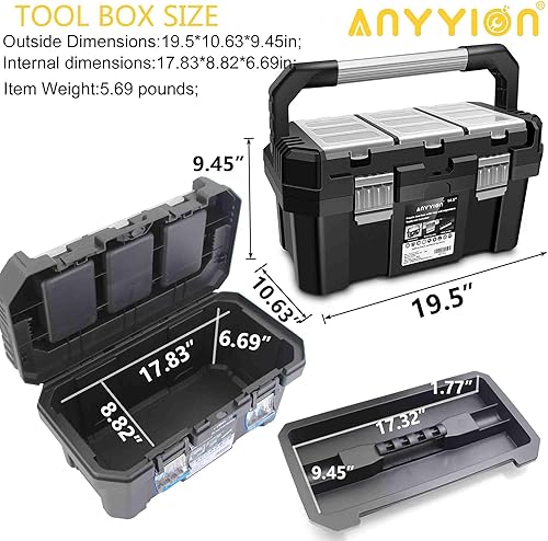 Miniatura 2 de Anyyion Caja de herramientas de 19 pulgadas con bandeja extraíble, verdaderamente fuerte y duradera para almacenamiento de manualidades, hogar