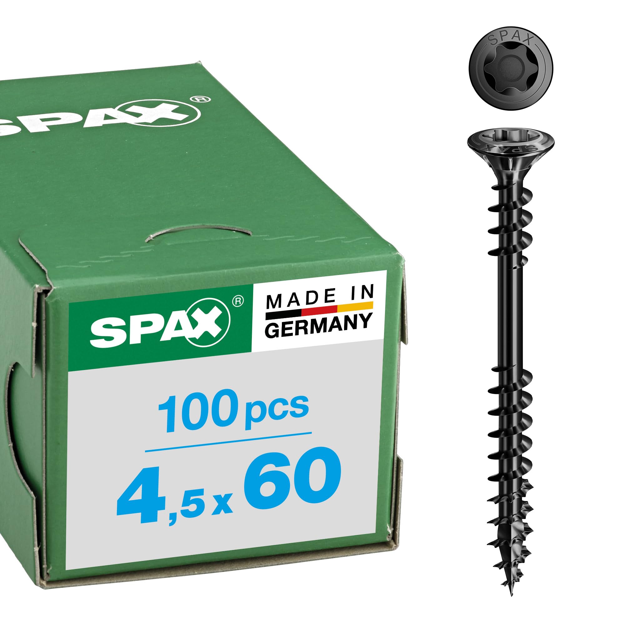 SPAX Facade Screw, 4.5 x 60 mm, Pack of 100, Stainless Steel A2 Blax, Fixing Thread, T-Star Plus T20, Raised Countersunk Head, 4CUT - 25470404506022
