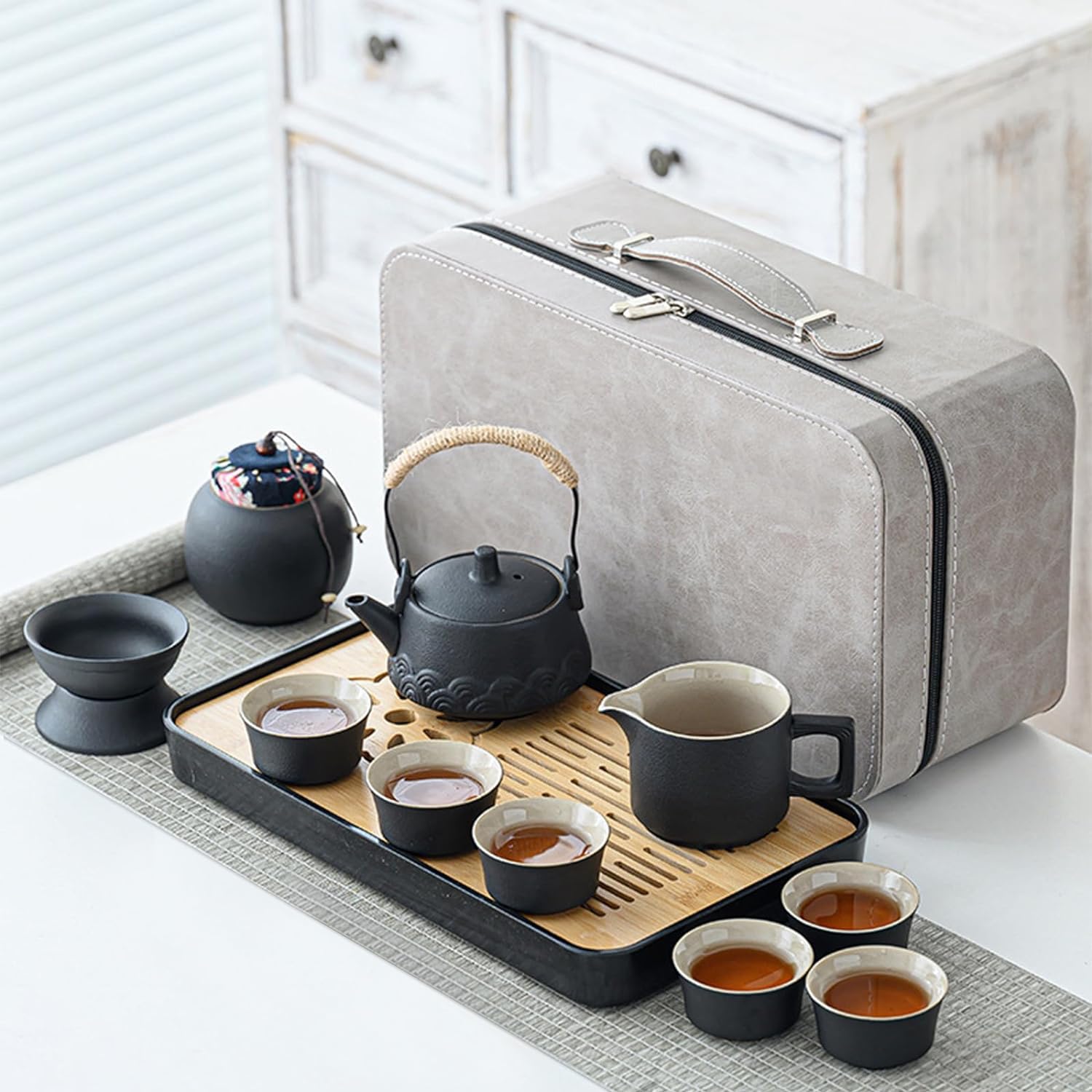HOUSLET Asian Tea Set |Kungfu tea sets |Ceramic Portable tea set |tea sets for adult |13-piece withgrey leather case |Tea set gift for Home, Outdoor, Business