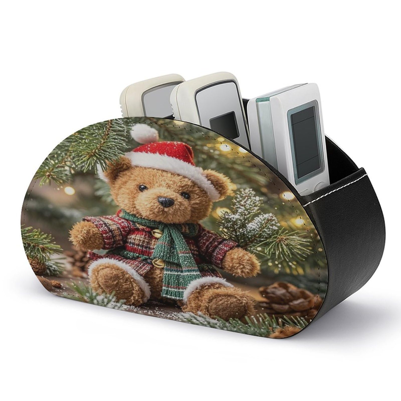 LZQPOEAS Xmas Tree Branch Bear Doll Remote Control Holder with 5 Compartments PU Leather Remote Organizer Box Caddy for Table Nightstand Remote Caddy Desktop Organizer Fits Media Controllers