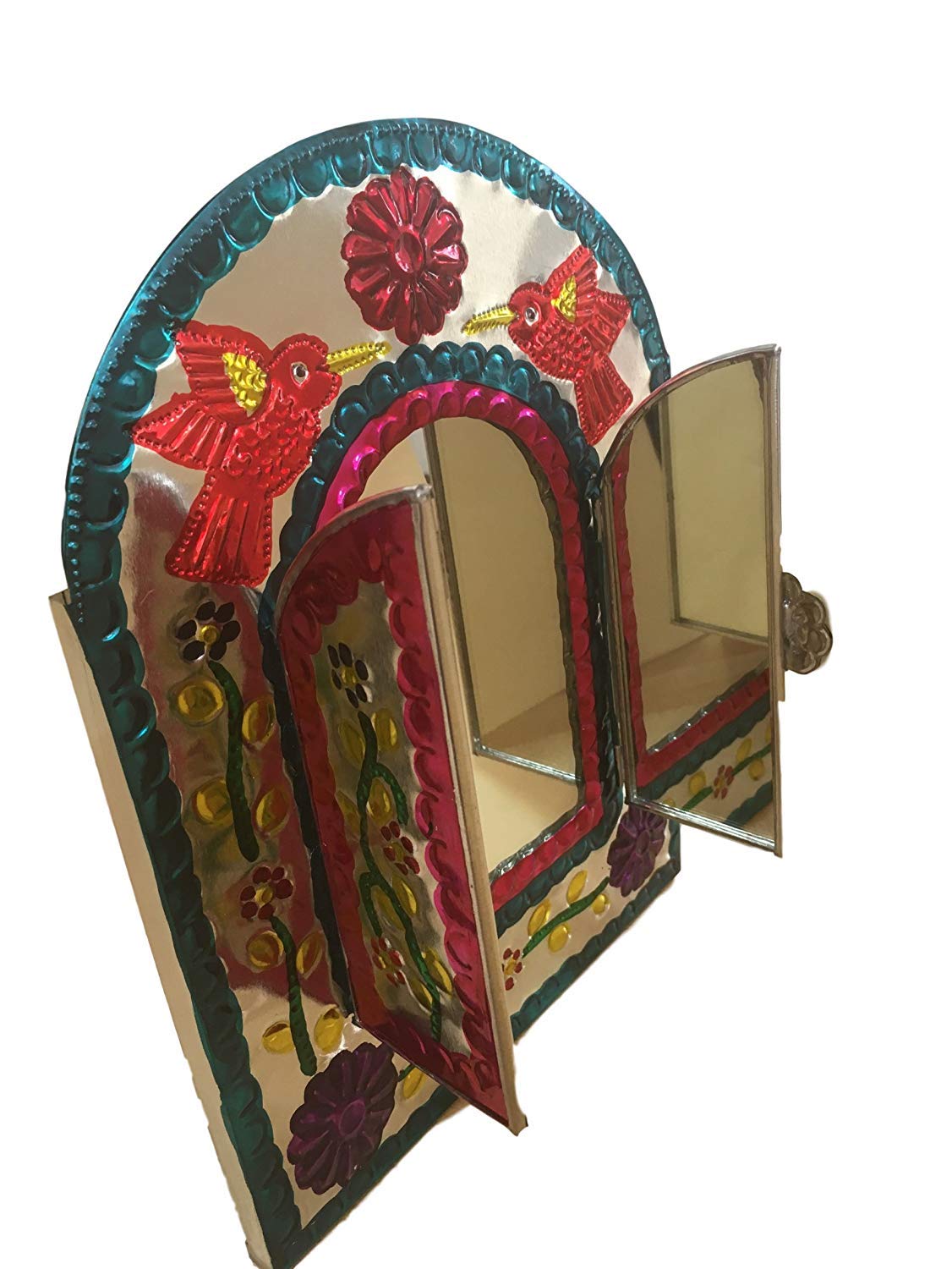 Casa Fiesta DesignsEmbossed Tin Mirror Mexican Folk Art Wall Decor Handmade - with Stand 10.5" x 8" - Espejo Mexicano Con Puertas