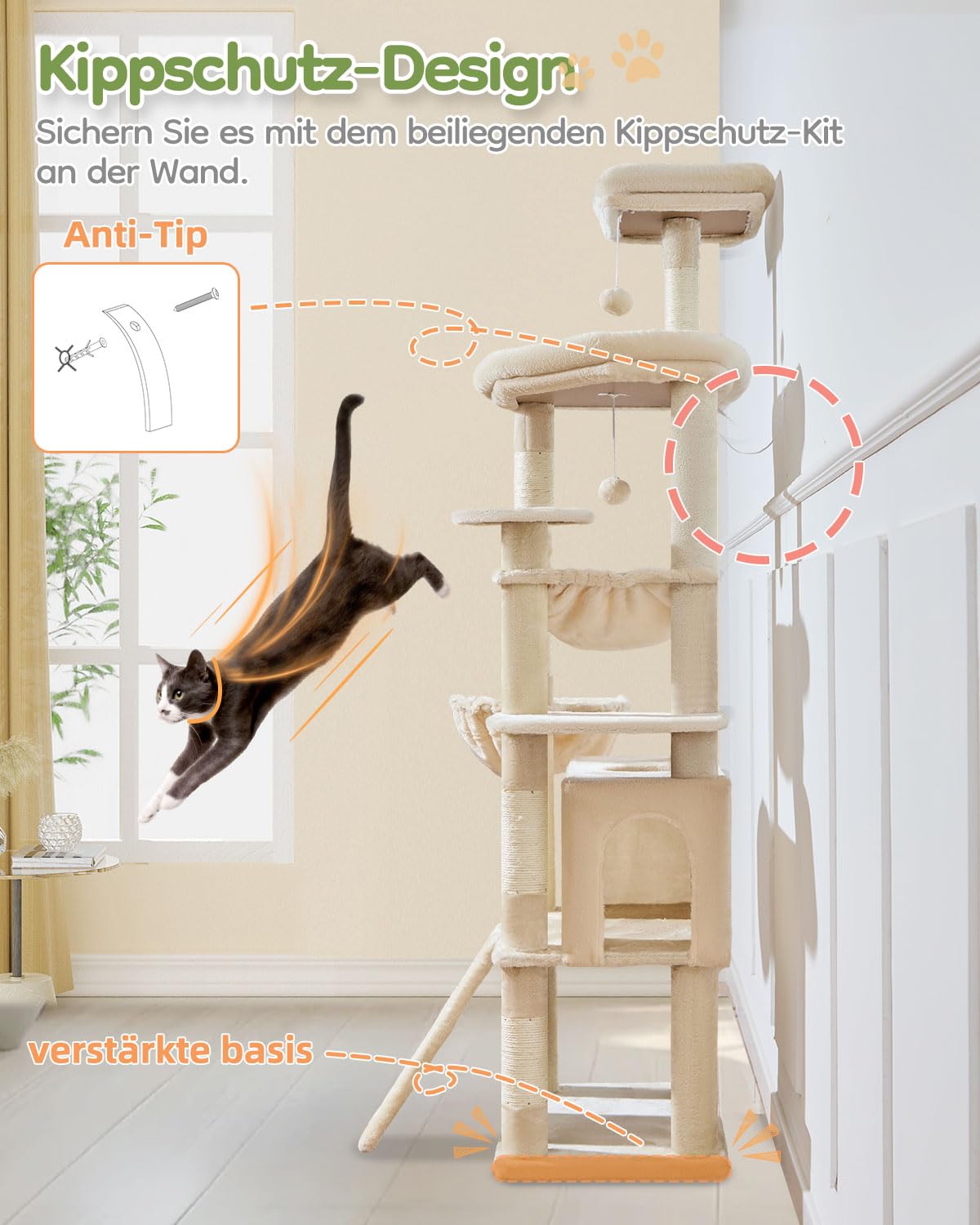 Taoqimiao 183cm Kratzbaum XXL, Großer Katzenbaum Für Große Katzen, MS045M | Stabil, Katzenkratztafel, Mehrstöckig, Einfache Montage, Große Plattform, Katzenhaus, Hängematte, 5 Kratzsäulen, Beige