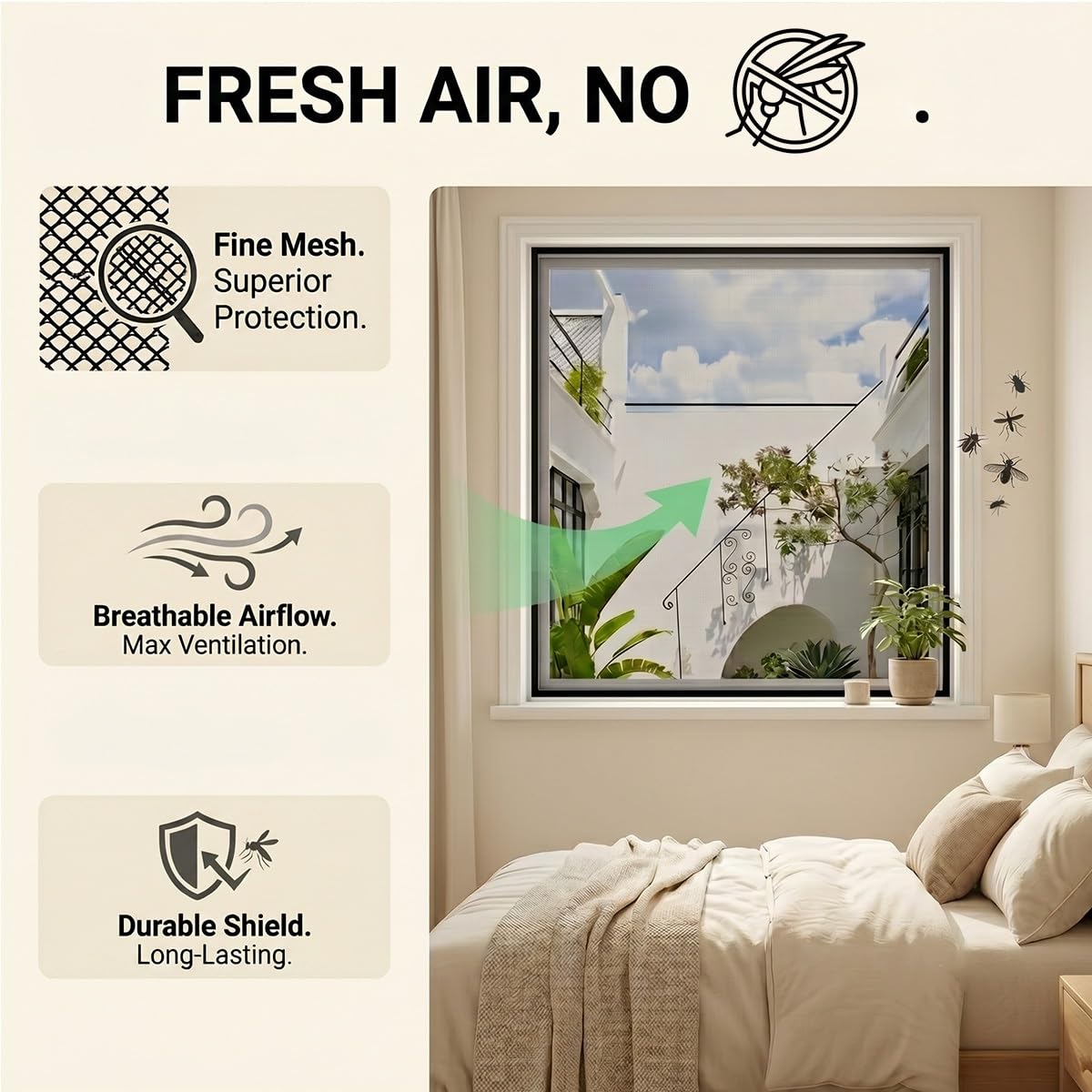 Mosquiteras para Ventanas y Puertas, Malla Mosquitera Fibra de Vidrio Anti Mosquitos, Red Mosquitera Ventana con Cinta Adhesiva de Gancho y Bucle Sin Taladrar(White,59x110in)