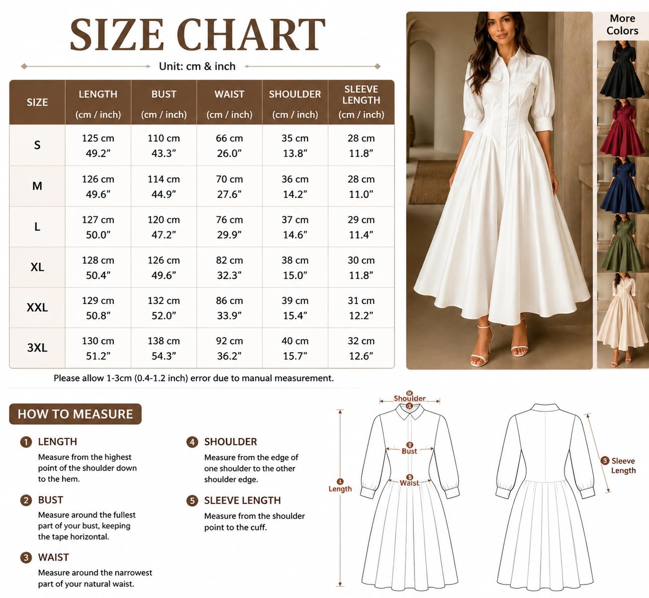 Vestido Mujer Vestido Camisero Largo De Algodón Y Lino para Mujer Elegante De Manga Tres Cuartos con Botones Cuello Y Cintura Fruncida Vestido Largo Holgado De Corte A Estilo Swing Ideal