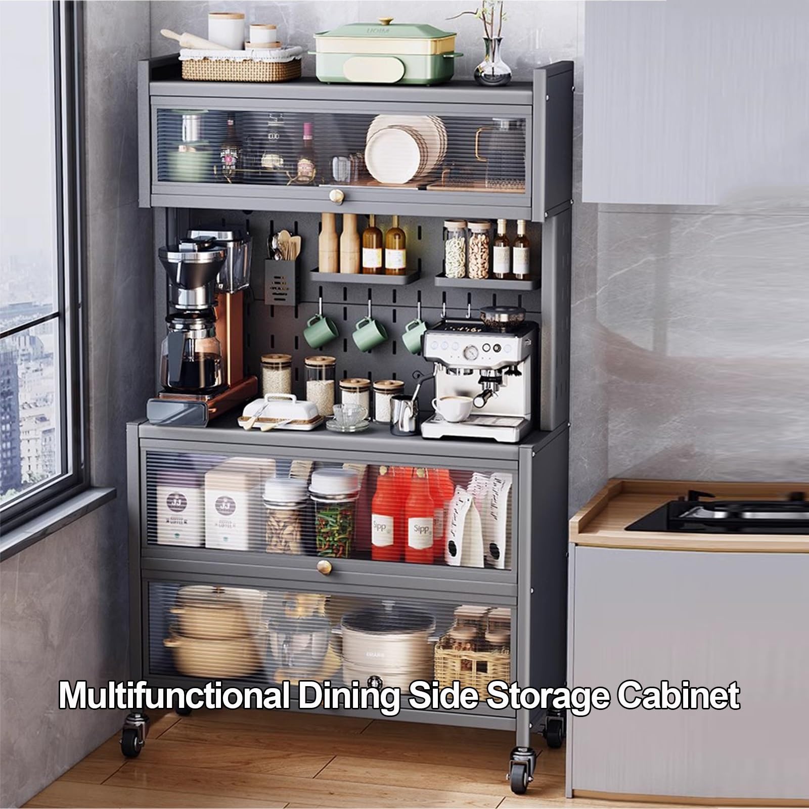 BREZO 5-Tier Kitchen Baker's Rack with Flip Door Cabinet, Multi-Functional Microwave Stand, Kitchen Storage Cabinets, Sideboards (Color : A)