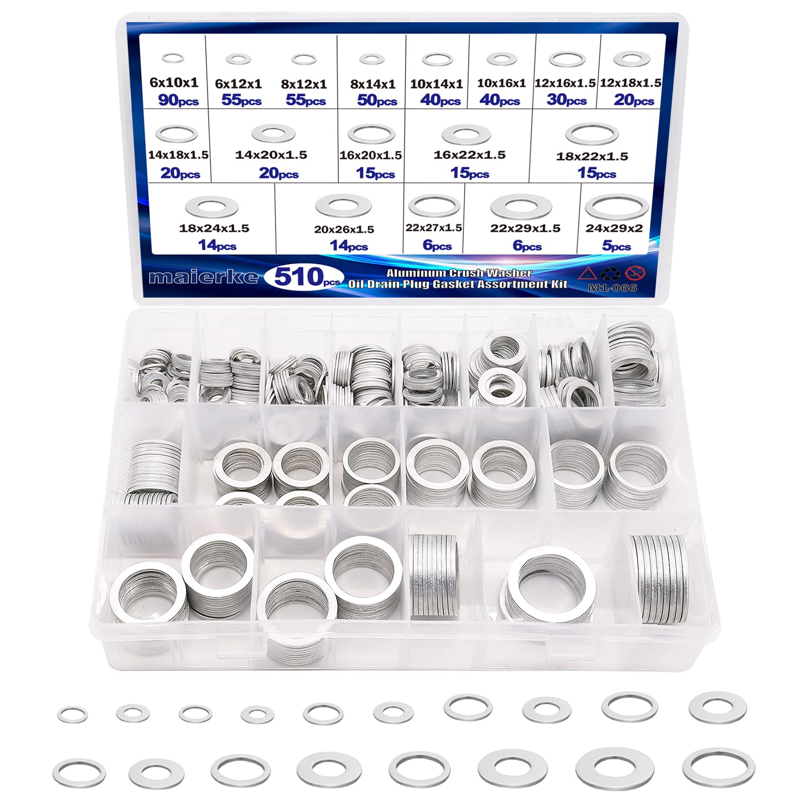 Photo 1 of maierke 510PCS Crush Washer Oil Drain Plug,18 Sizes Aluminum Oil Drain Plug Gasket Assortment,Automotive Engine Crush Washers (M6 M8 M10 M12 M14 M16 M18 M20 M22 M24)