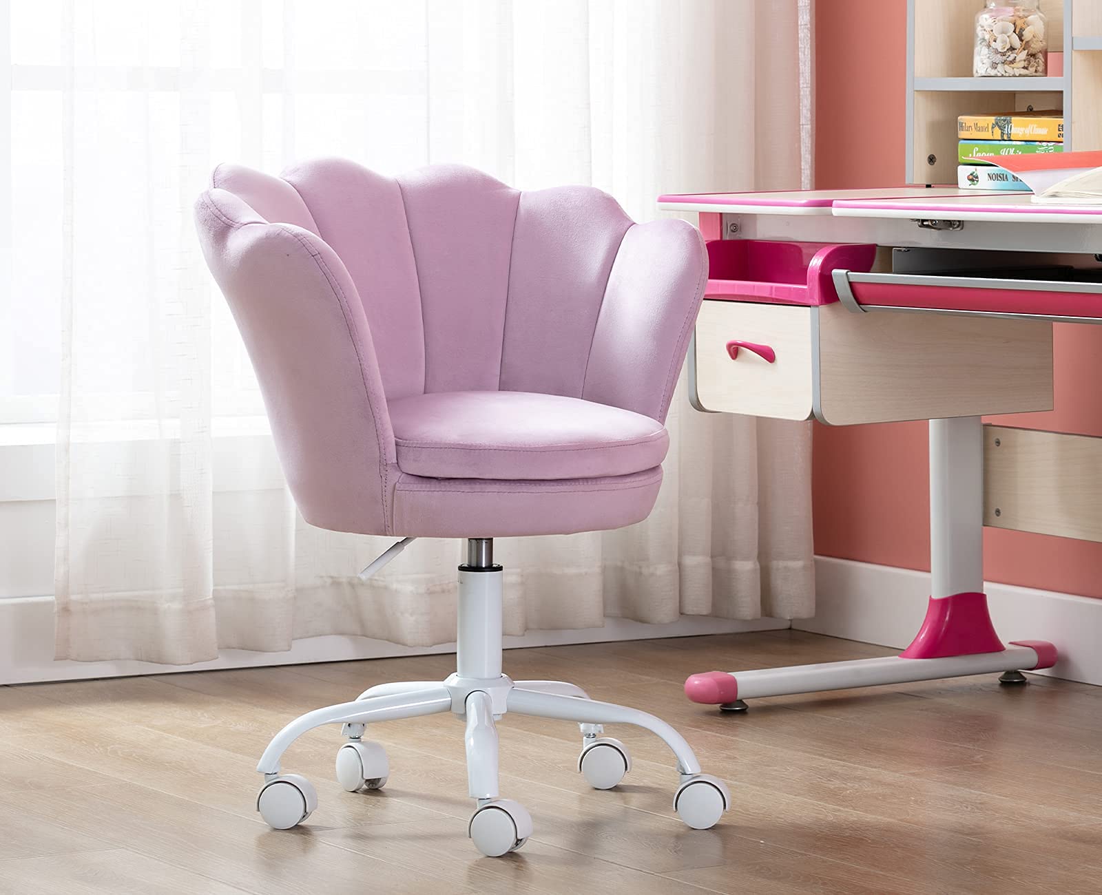 chairus Cute Kids Desk Chair Velvet Living Room Accent Armchair Upholstered Teens Vanity Chair with Seashell Back, Adjustable Swivel Children Study