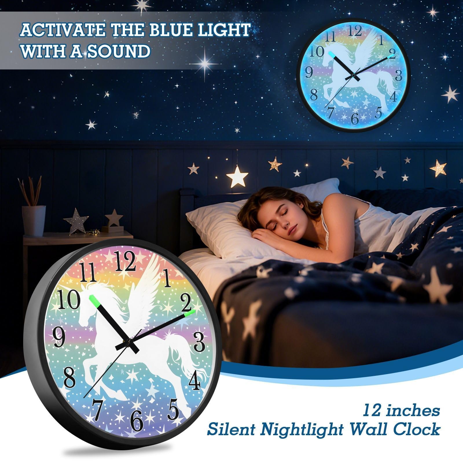 Mnsruu Reloj de pared luminoso con alas de unicornio y estrellas, reloj de dormitorio, funciona con pilas, reloj silencioso que brilla en la oscuridad, para sala de estar, cocina, 12 pulgadas