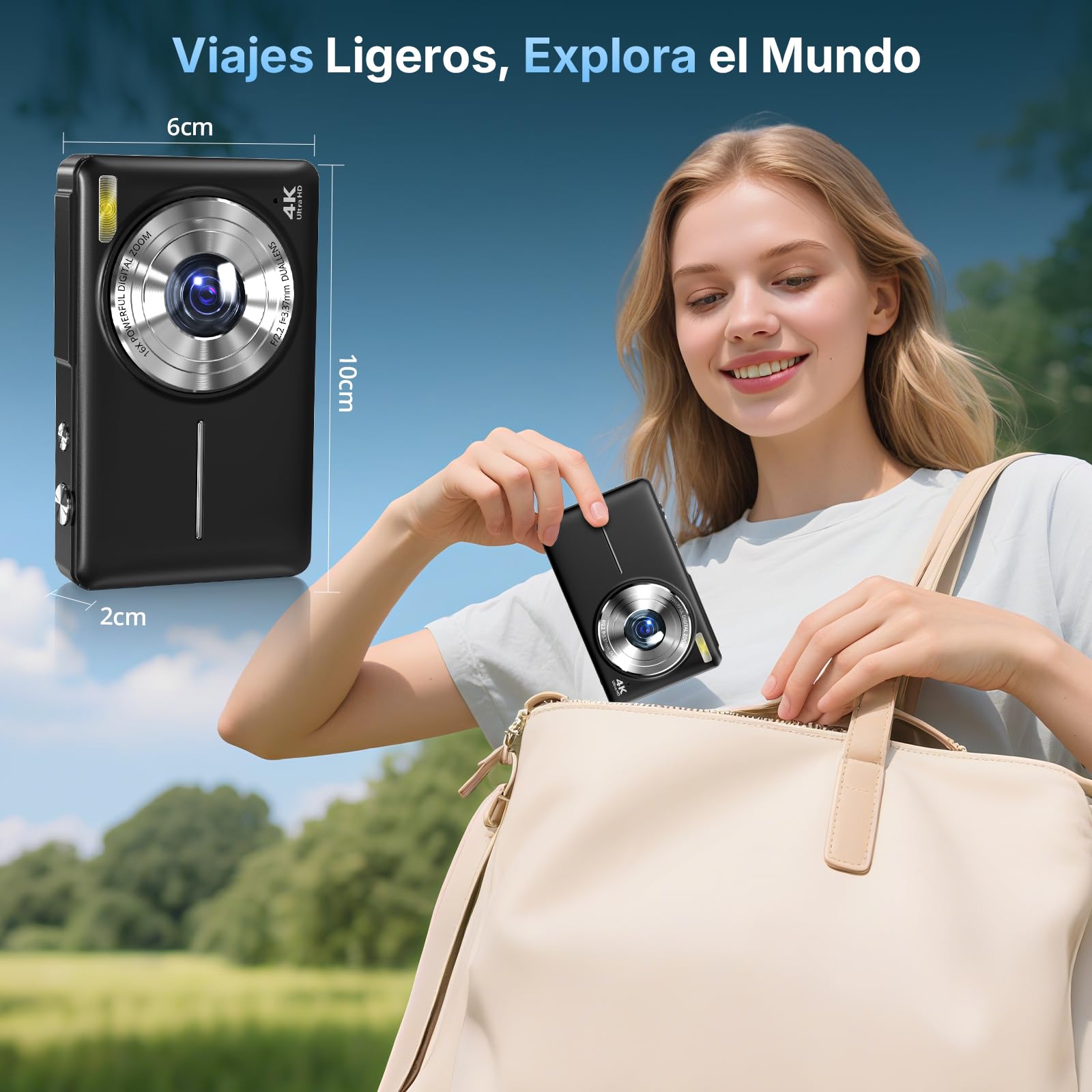 Cámara Digital 4K Cámara de Fotos 64MP Compacta con Doble Cámara, Autofocus, Pantalla IPS de 2,8 Pulgadas, Zoom Digital 16X, Antivibración, 2 Baterías, Tarjeta de 32GB para Adolescente, Principiante