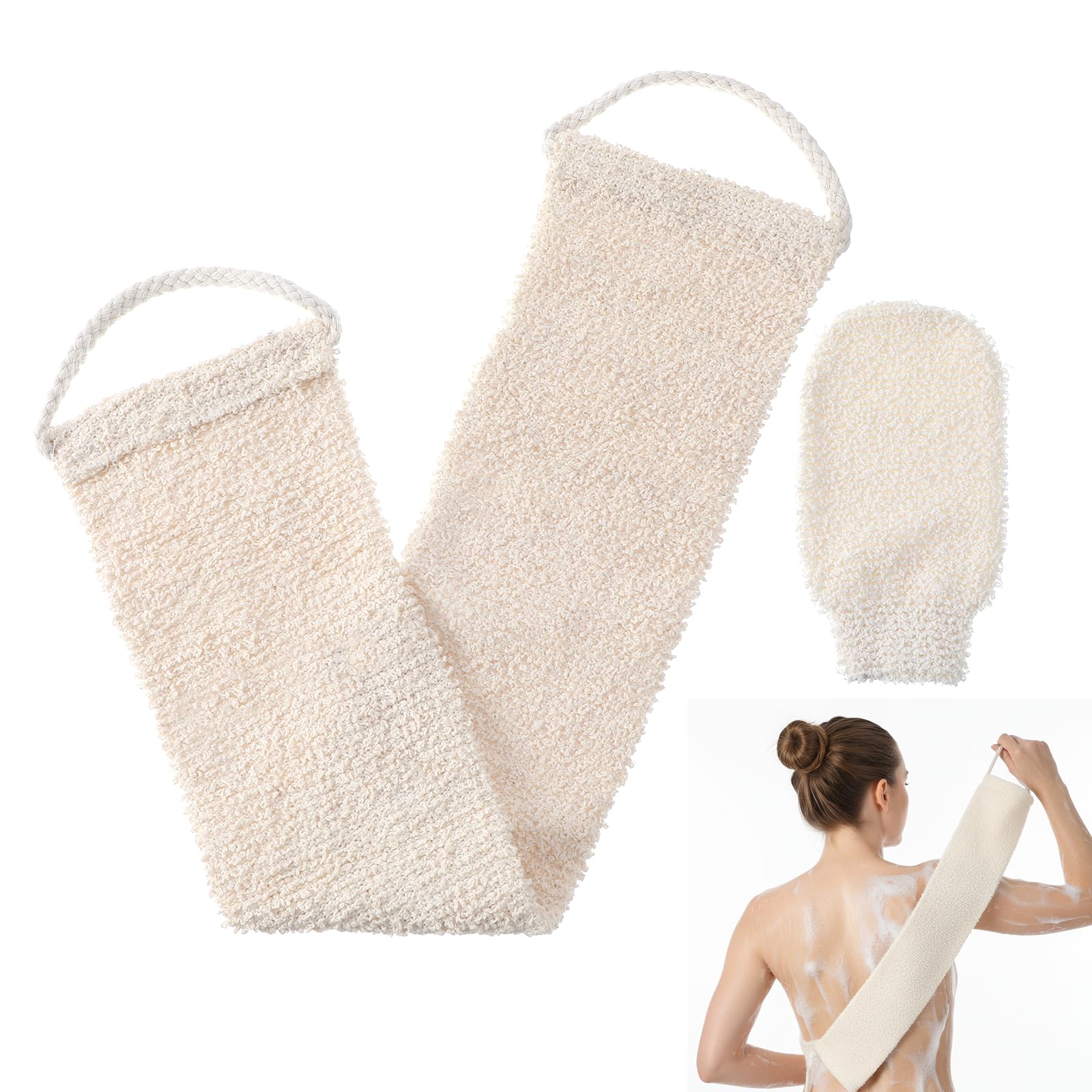 Kit exfoliant pour le dos avec gants de massage, double face avec poignées, pour douche, gant de toilette pour le dos, pour homme et femme, salle de bain, douche (beige)