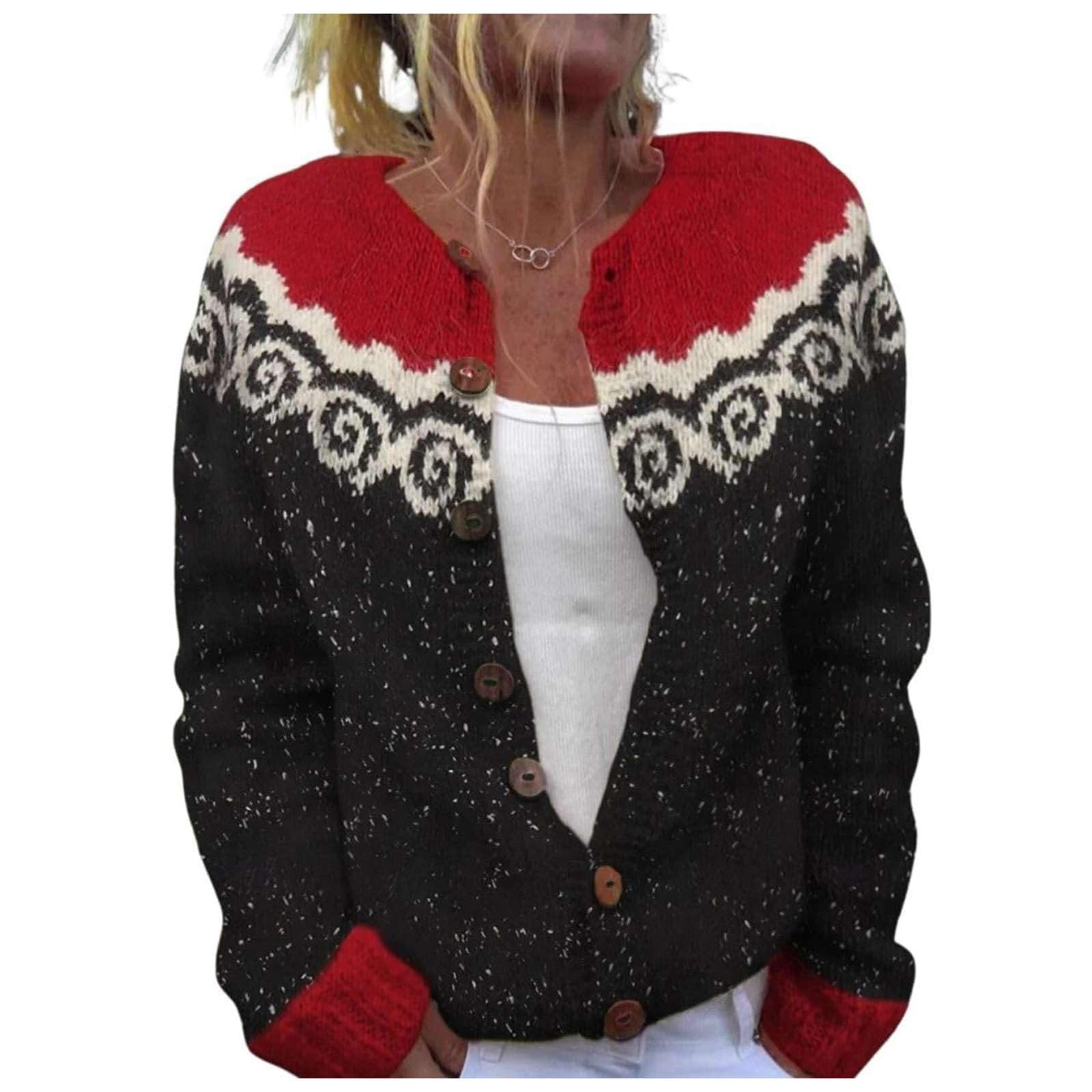 Womens Fair Isle Cardigan Sweater Vintage Button Knitted Crew Neck Button Up Jacket Winter Fall Knit Coat