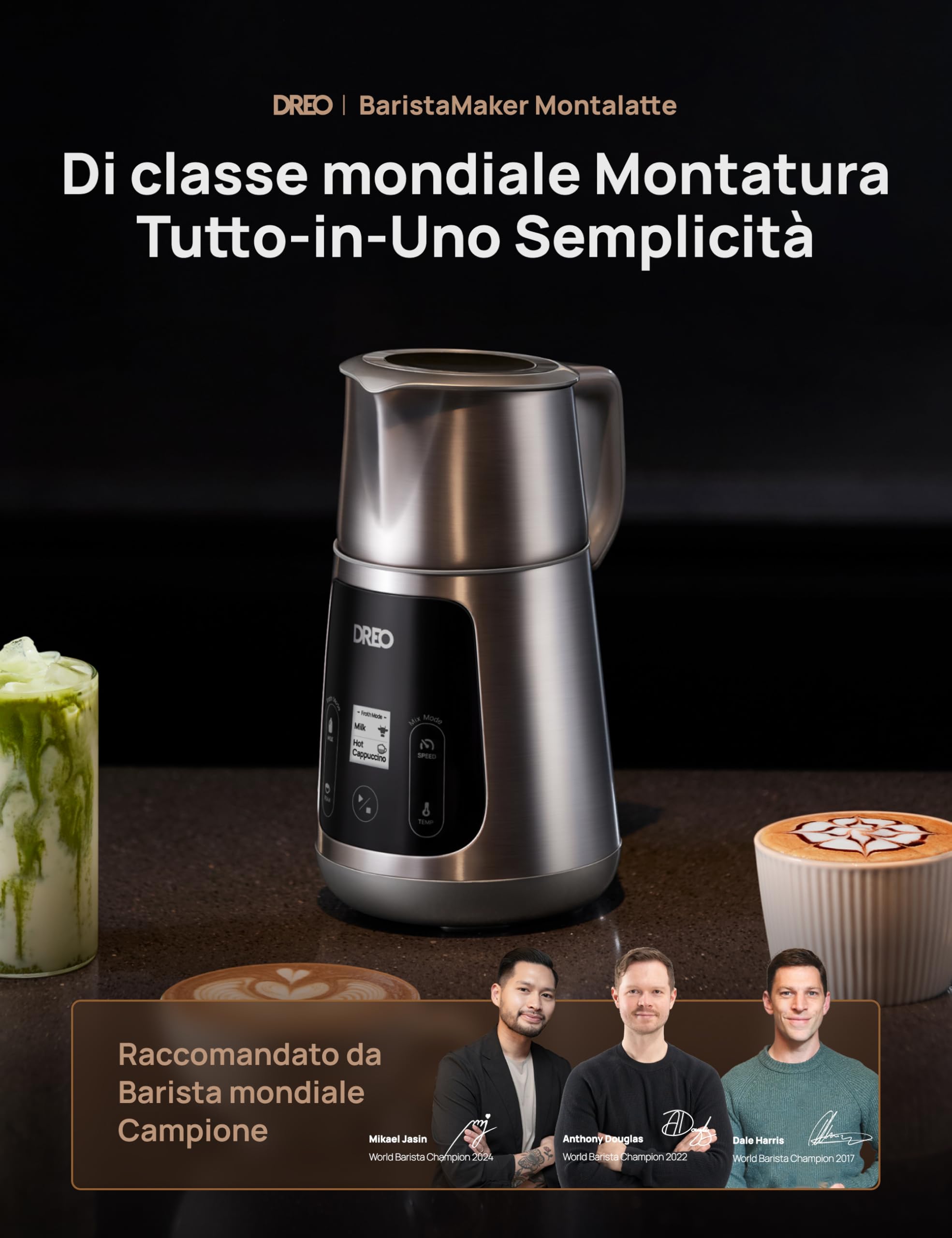 DREO Montalatte Elettrico [Aggiornato], Frullino Montalatte All-in-1 da 450ml per Latte, Cappuccino, Cioccolata Calda, Oltre 30 Bevande, Facile da Pulire, Lavabile in Lavastoviglie, Display LED