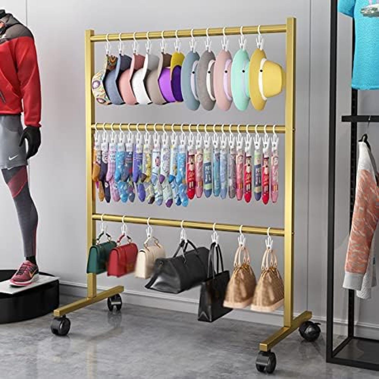 Estante De Almacenamiento Multifunción para Sombreros/Bolsos/Calcetines, Organizadores De Soporte De Sombrero De Metal De 3 Niveles con Ruedas, Soporte De Exhibición De Gorras De Béisbol,Oro,YUYAN