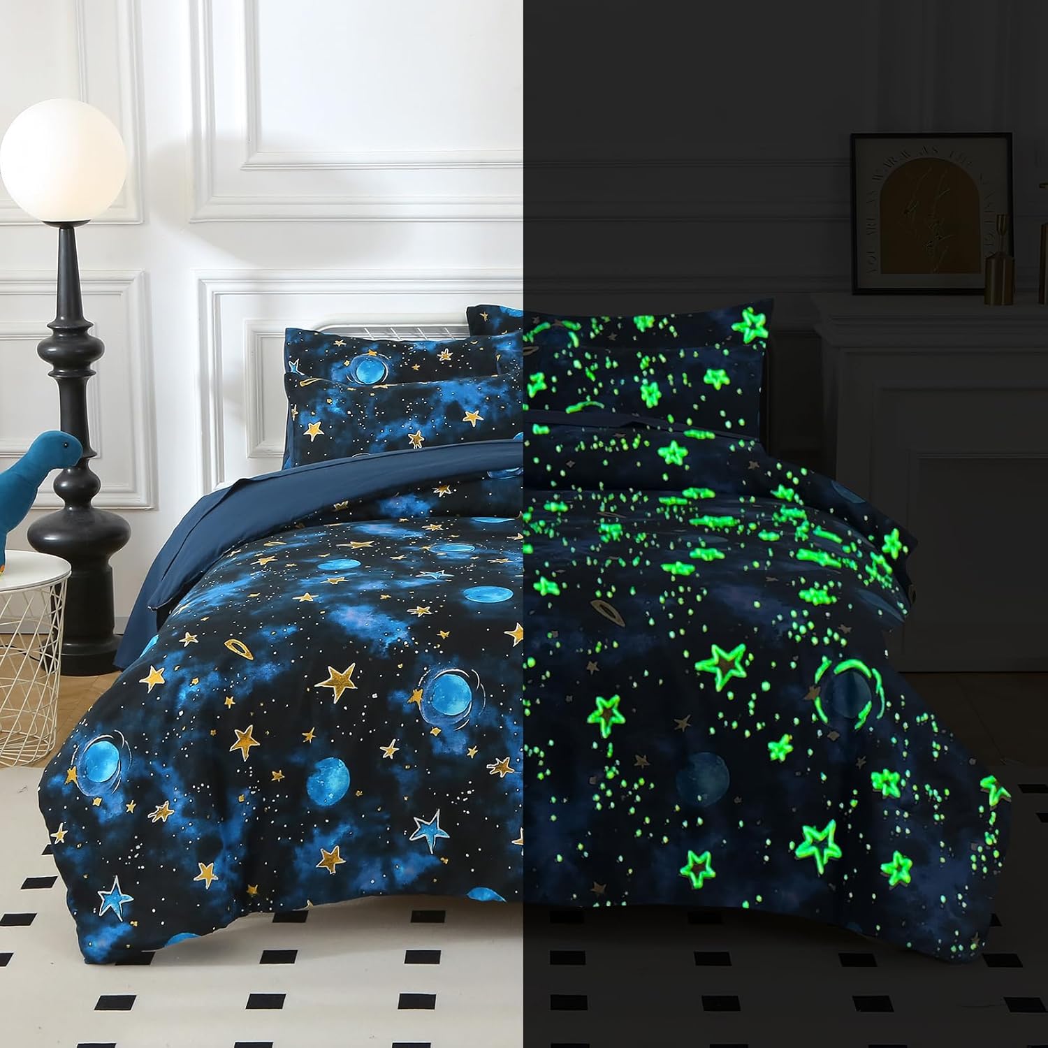 Glow in The Dark Kids Comforter Set, 3 Pieces Blue Space Bedding Set Twin Size for ...