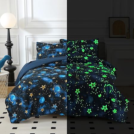 Glow in The Dark Kids Comforter Set， 7 Pieces Blue Space Bedding Set Full Size for Boys Girls Teen, 1 Comforter, 2 Pillowcases, 2 Pillow Shams, 1 Flat Sheet, 1 Fitted Sheet