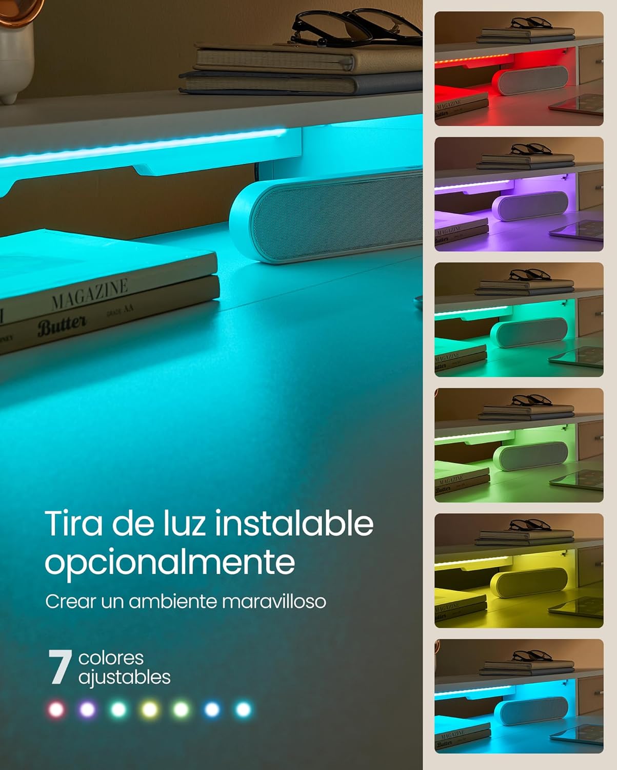 Desk with optional LED light strip showing various color options