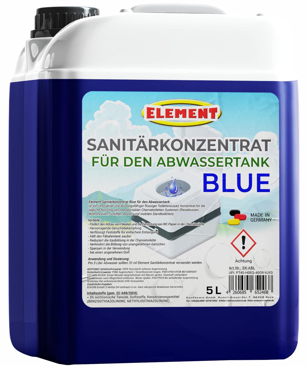 Sanitärflüssigkeit I Blue I Sanitärkonzentrat I 5 Liter I Campingtoilette Abwassertank I WC Sanitärflüssigkeit für Abwassertank der Campingtoilette I Sanitärzusatz I Toilettenzusatz