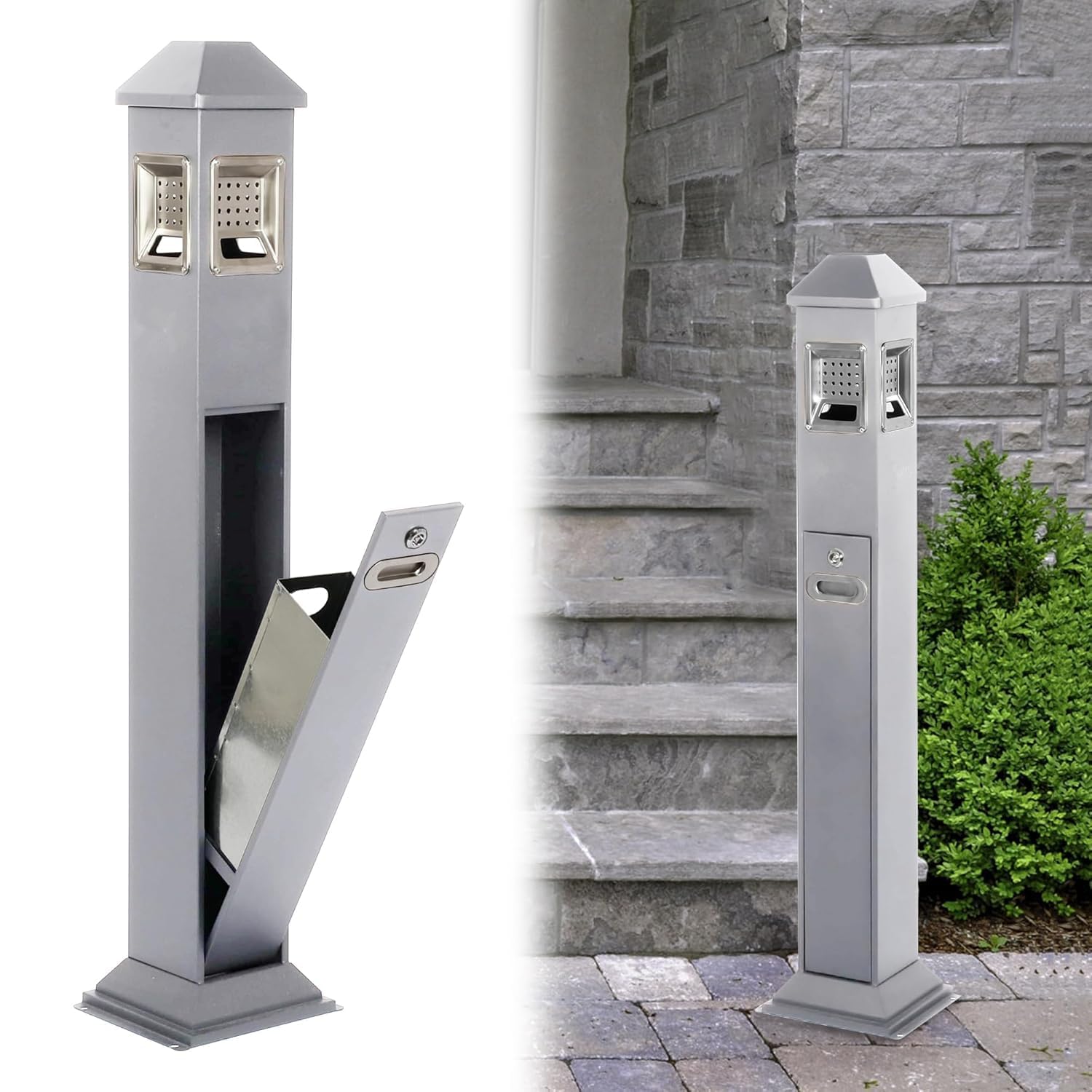 Cubo de basura vertical de acero inoxidable con 4 entradas, 120 cm, para exteriores, con cierre