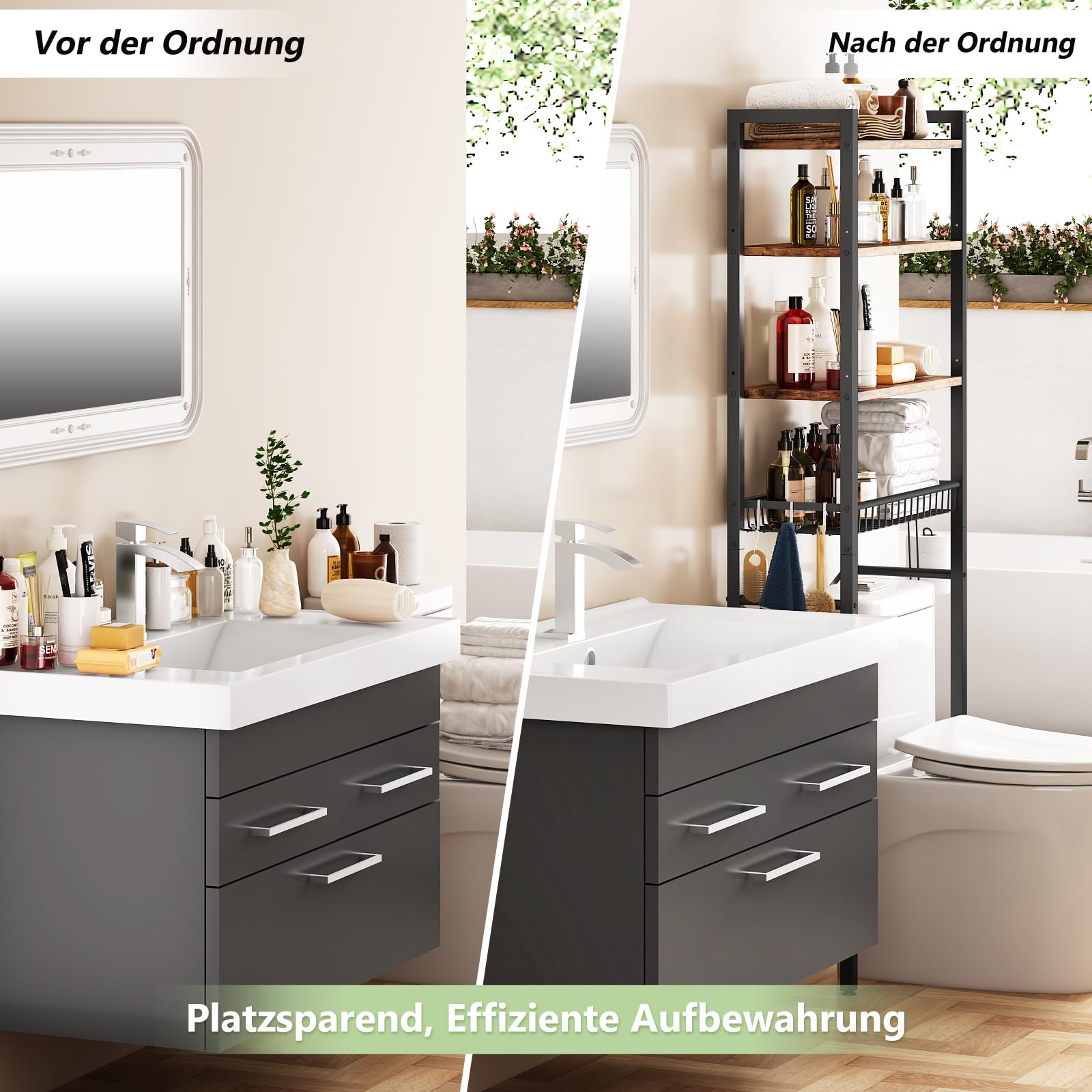 Kalrin Toilettenregal, 4-stufiges Verstellbares Multifunktionsregal für das Bad, Regal Über der Toilette mit Aufbewahrungskörben, Platzsparendes WC-Regal, Leicht zu Montieren (Vintage-Braun)