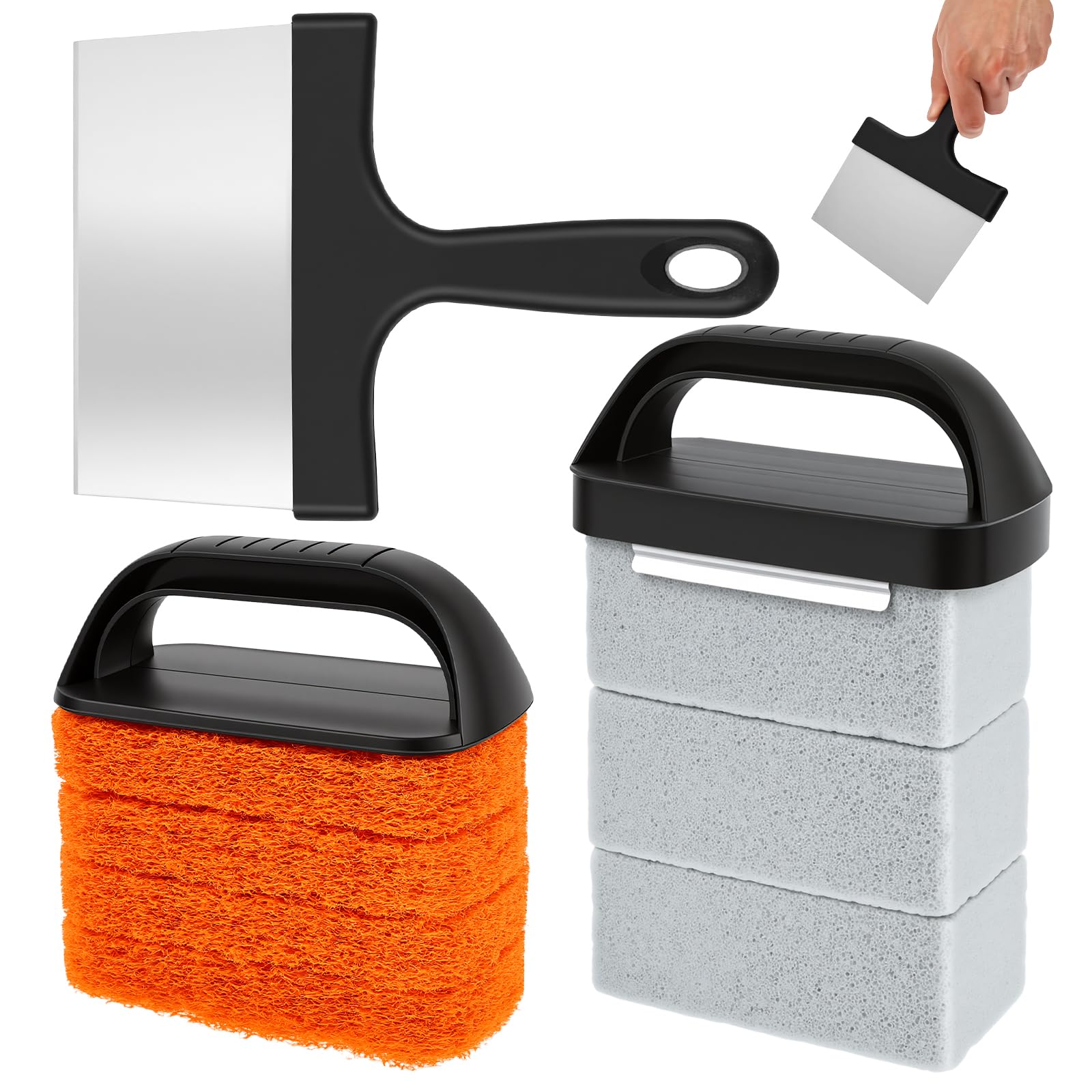 Griddle Cleaning Kit, BBQ Cleaning Tool Set with 3 Grill Stone, Metal Scraper, 4 Scouring Pad with Handle, Heavy Duty Grill Cleaner for Flat Top Griddle BBQ Camping