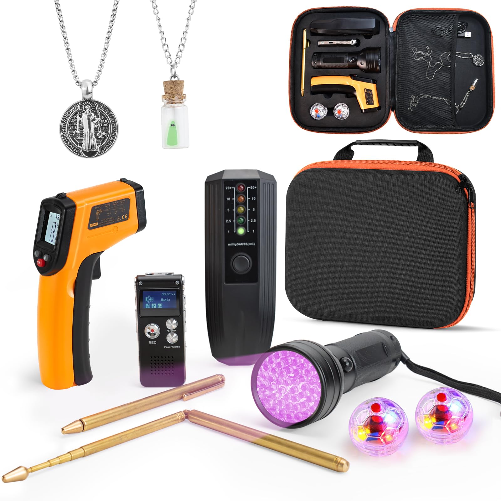 11Pcs Ghost Hunting Kit & Paranormal Equipment with Custom Case,Includes EMF Meter, EVP Recorder, IR Thermometer, UV Light, Dowsing Rods, Cat Balls & Necklaces,Complete Beginner's Starter Kit