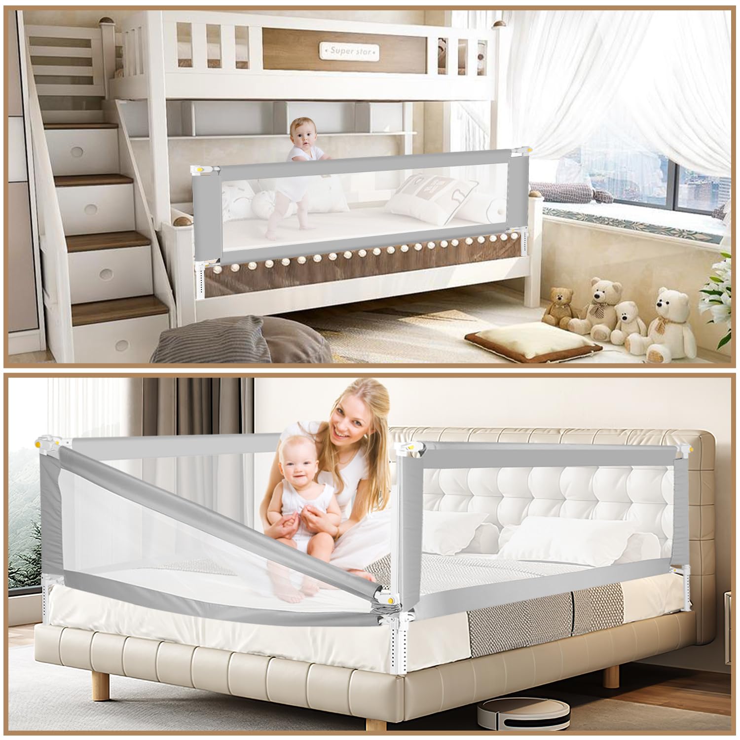 Barrera de cama de 200 cm, protección para cama infantil con patas en forma de U, plegable, protección contra caídas, altura ajustable, 68 – 95 cm, fácil de montar, color gris