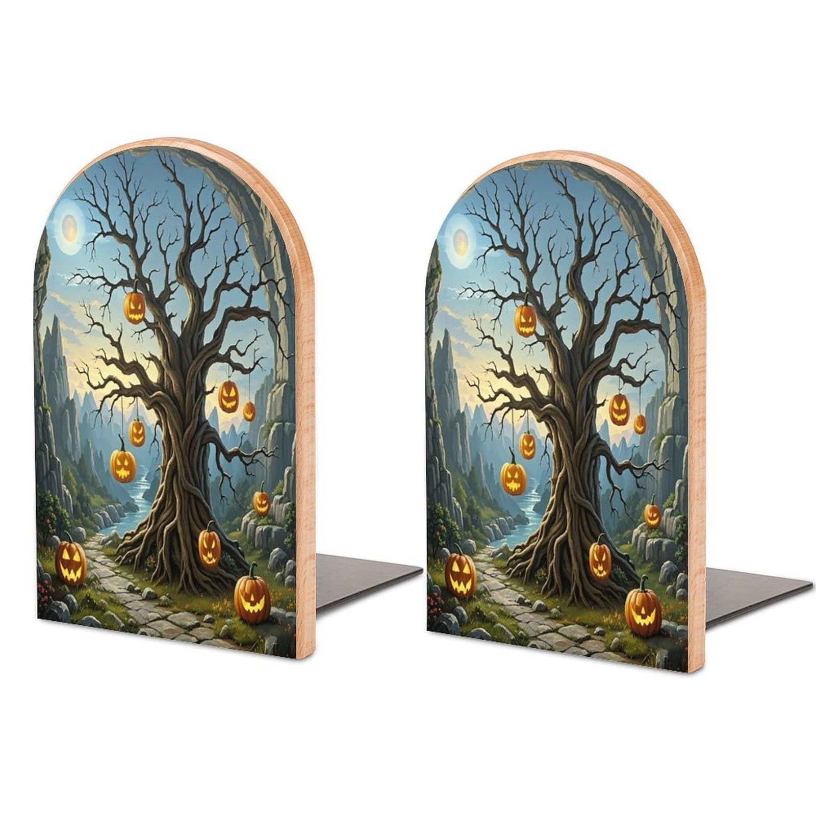 Dried Tree Pumpkin Lantern Bookend for Shelves Unique Book End Sturdy Books Holder Heavy Duty Wooden Bookends Support Non-Slip Book Organizers Decorative Modern Bookend Holder for Home