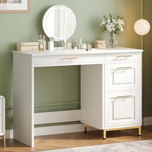 4 EVER WINNER Escritorio blanco con cajones y manija dorada, escritorio pequeño de 43 pulgadas con 4 cajones de almacenamiento, escritorio para