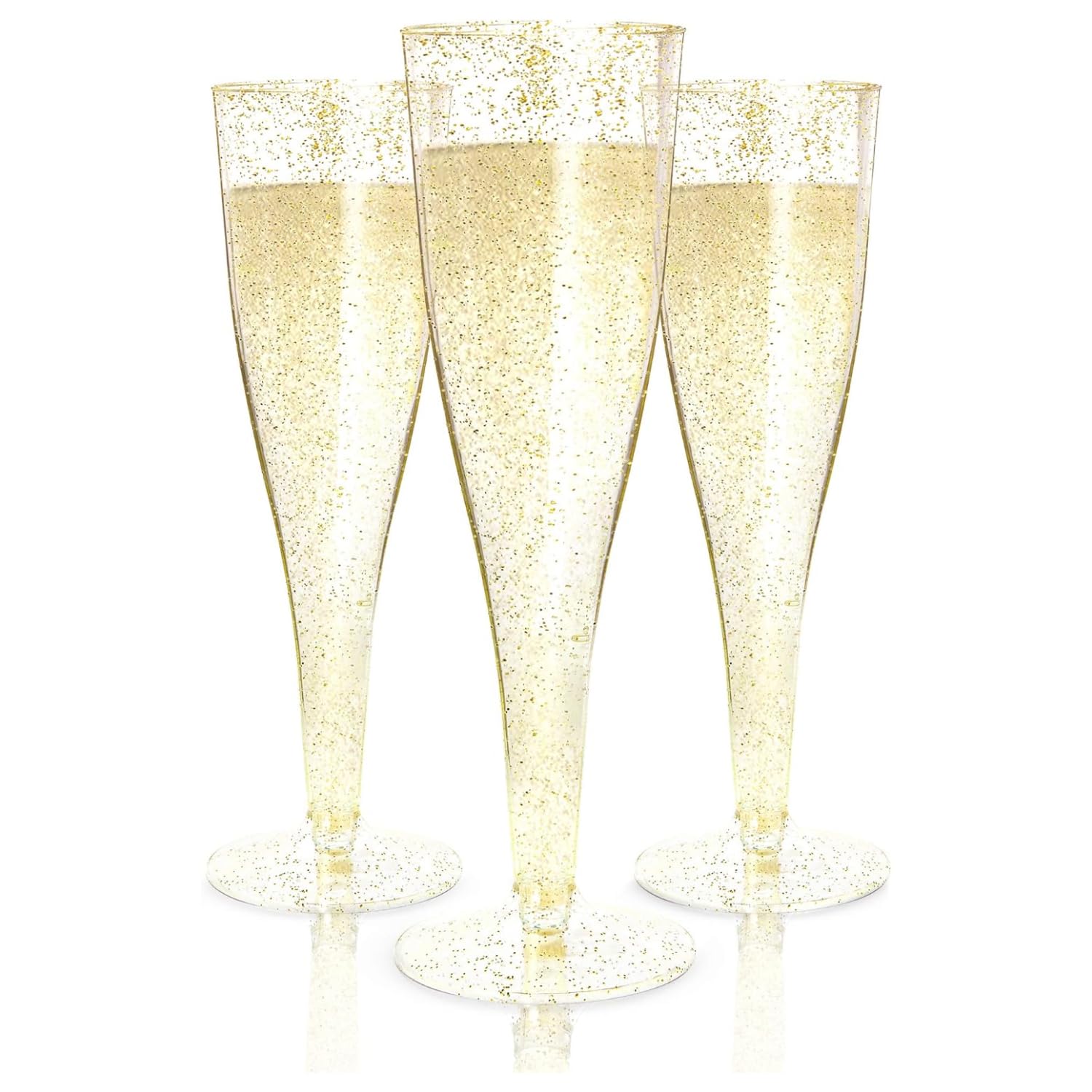 Prestee 100 Gold Plastic Champagne Flutes - 4.5 oz Disposable Champagne Glasses for Toasting at Weddings, Mimosas, Cocktails, Great Gatsby Party Decorations, and Events