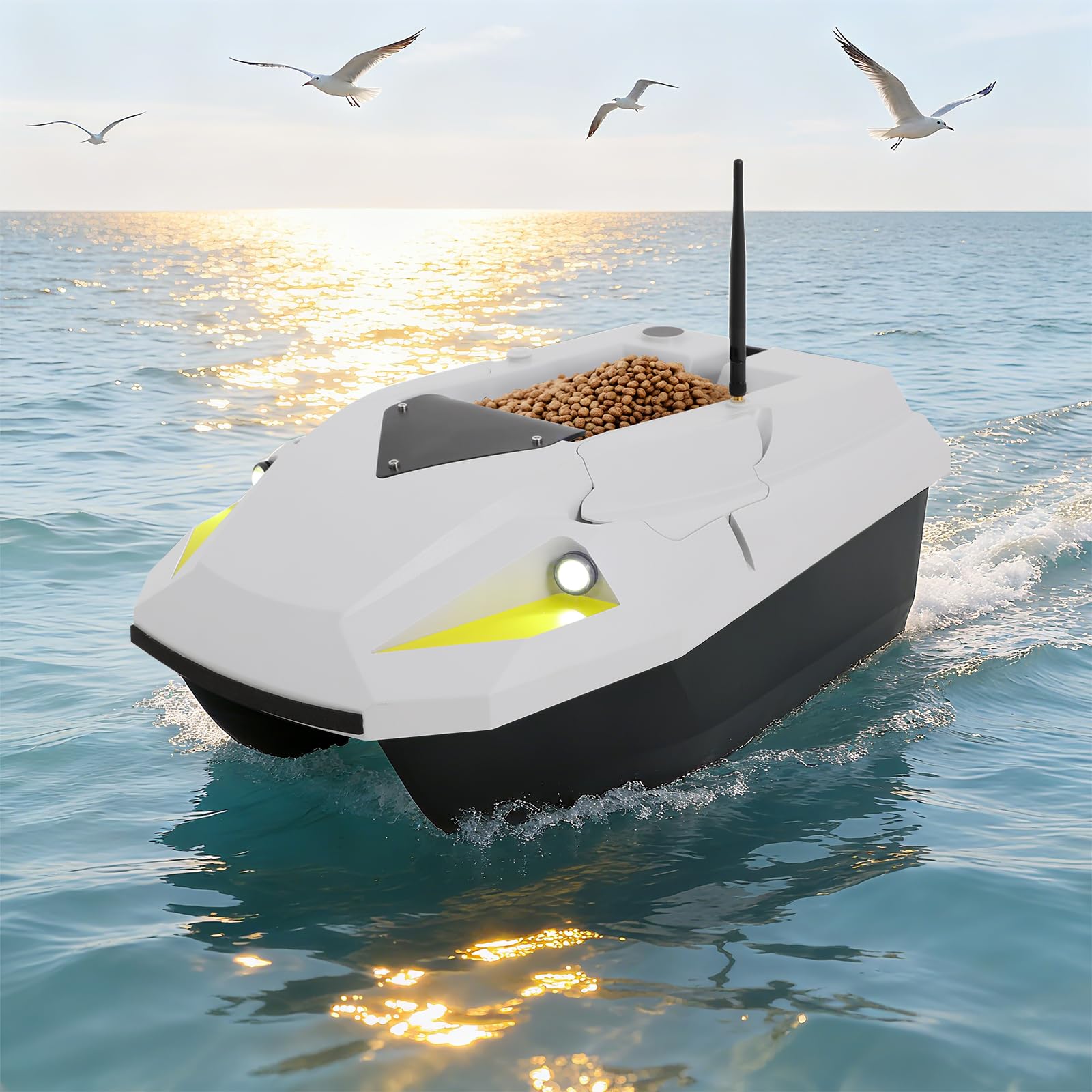 Zdalnie sterowana łódź przynęta, RC przynęta z pozycjonowaniem GPS/Beidou, 3 poziomy prędkości, pojemnik na przynętę 2 kg, pilot zdalnego sterowania 500 m, lampka nocna do jezior, rzek i