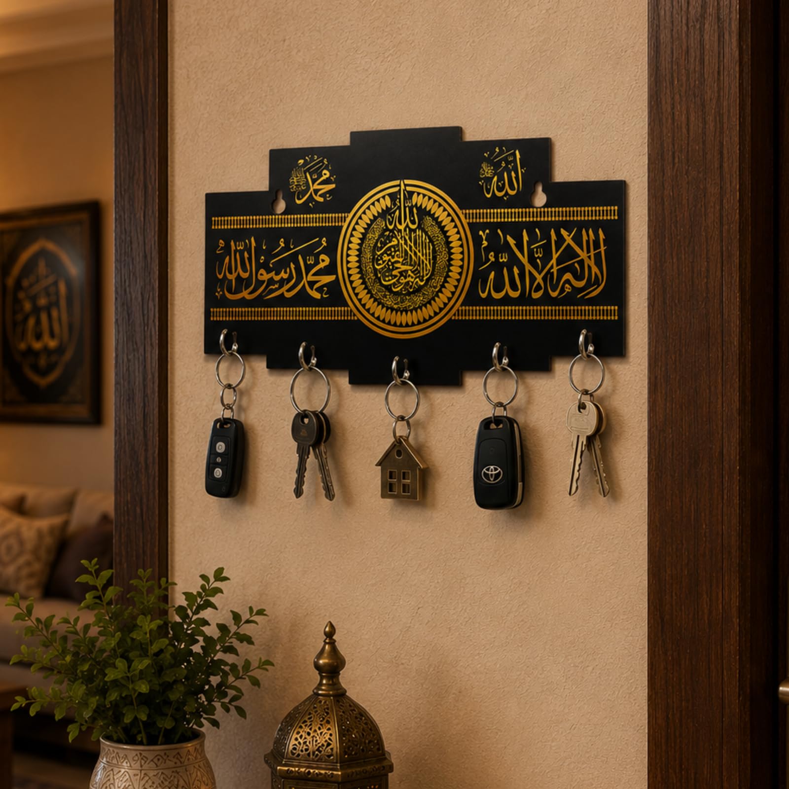 Allah Muhammad Wooden Key Holder for Wall Mount | Islamic MDF Key Hanger Organizer with 5 Hooks | Decorative Wall Key Stand | Black Gold | 26 x 13.5 cm-image-11