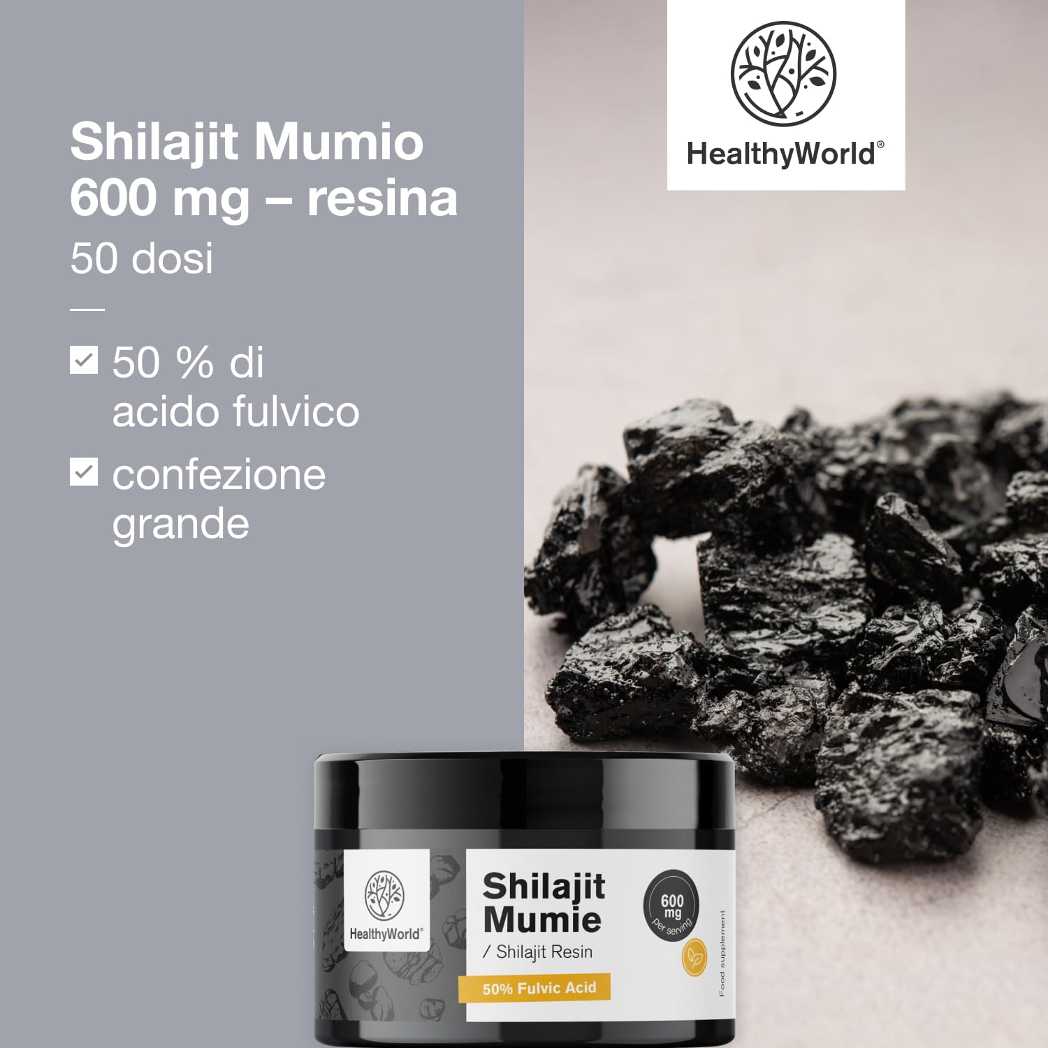 HealthyWorld Shilajit Mumio 600 mg – Resina ayurvedica - 50% di acidi fulvici – 50 dosi – Senza additivi – Dosatore incluso – Supporto alla vitalità - Aumento dell'energia