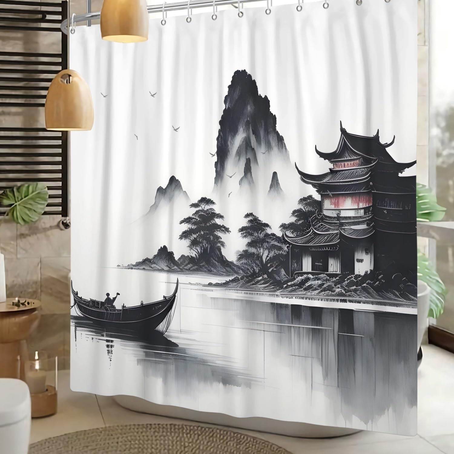 Xiaoterna Traditional Japanese Painting Shower Curtain Japanese Building Asian Ink Painting Shower Curtain Foggy Mountain Boat Wild Goose Outdoor Natural Scenery Bathroom Curtain 180x200cm - Image 2