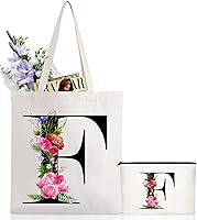 Vista 10 de Andeiltech - Bolsa de lona con inicial floral, personalizada, bolsa de maquillaje con monograma, regalo para damas de honor, cumpleaños, boda