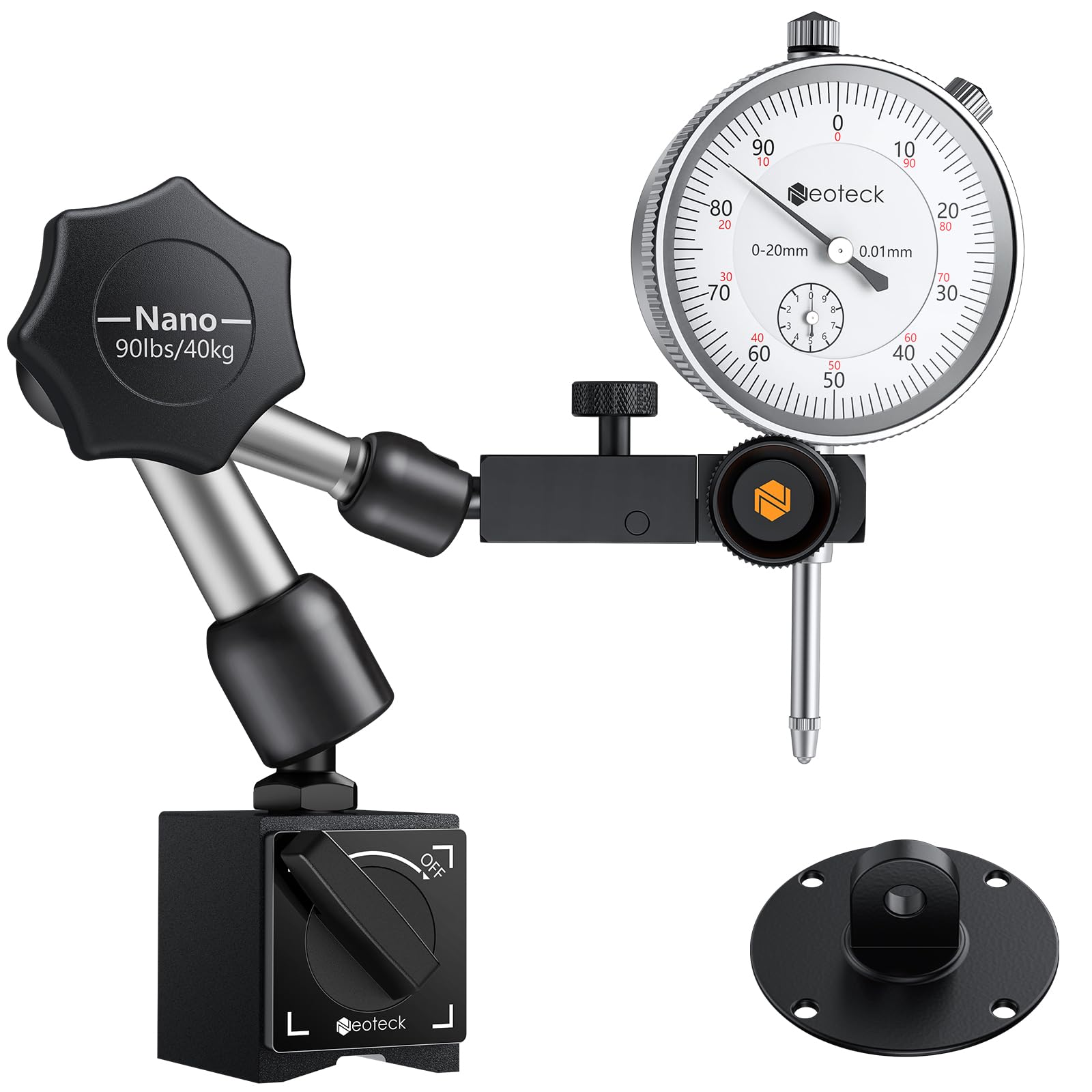 Neoteck Messuhr und Magnetfuß 20 mm Messuhren Set (0,01 mm) Messwerkzeug für Labor Werkstatt 3D Drucker - 90lbs (40kg) Max Pull