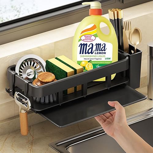 TocTen Soporte de esponja 4 en 1 para fregadero de cocina, dispensador de jabonera a prueba de óxido, adhesivo o encimera, incluido organizador de