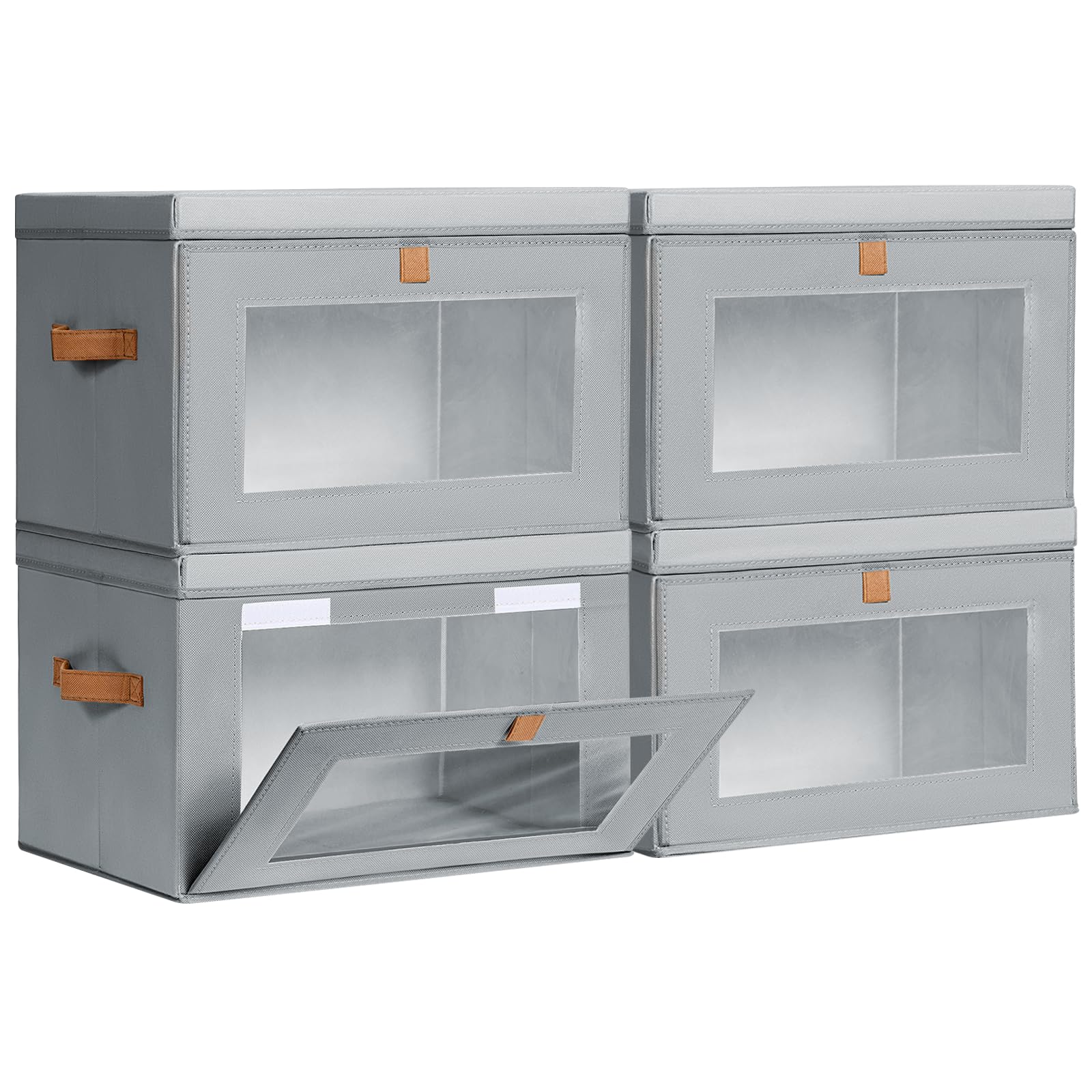 Homsorout Large Closet Storage Bins - Collapsible Storage Bins with Handles & Window, Fabric Cube Organizer with Lids, Decorative Boxes for Living Room, Closet, Dorm, 4 Pack, Grey