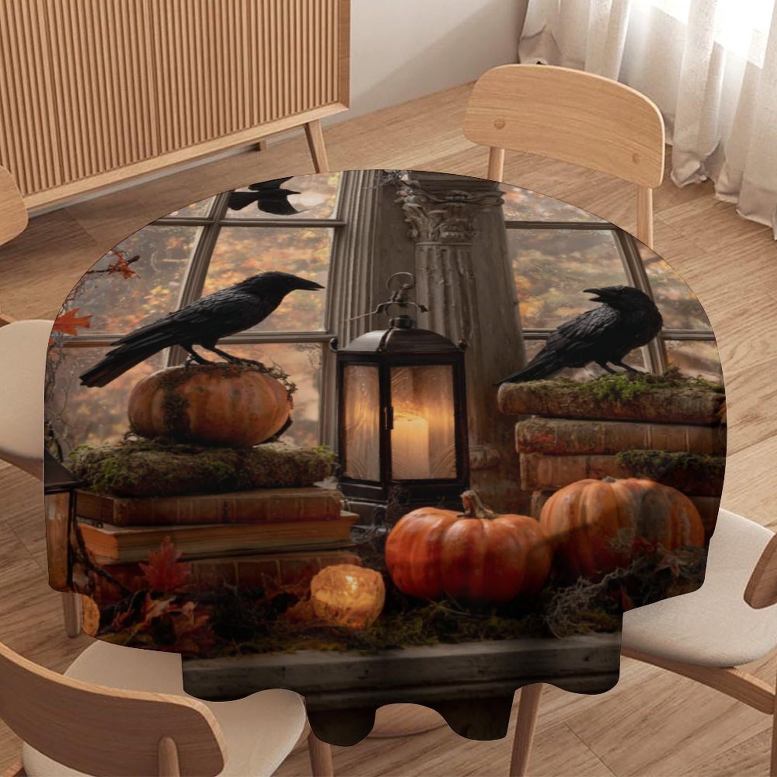 LUYYSKY Beautiful Abstract Gothic Raven Waterproof Round Tablecloth Vintage Realistic Halloween Animals Crows Maple Leaves Pumpkins Washable Table Cover for Kitchen-91.4" Wx91.4 L cm