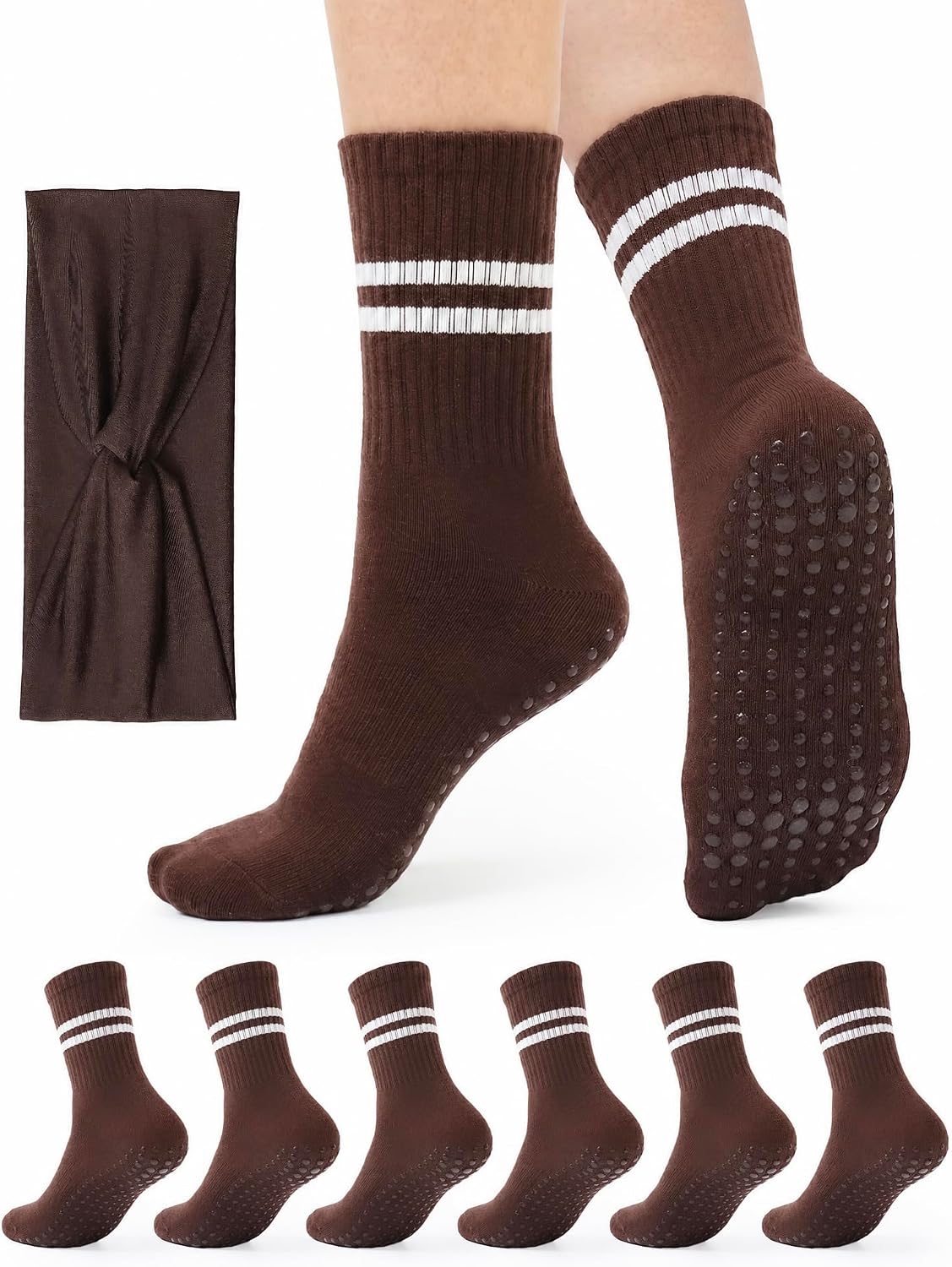 Jeasona Pilates Grip Socks for Women with Matching Headbands, 3 Pack Non Slip Cotton Yoga Socks for Ballet Dance Hospital
