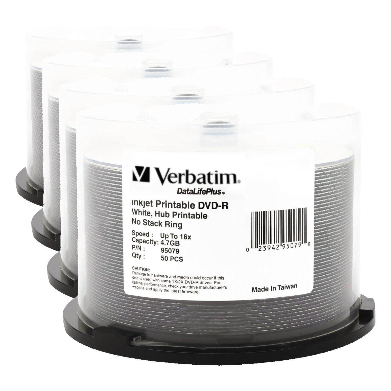 Verbatim DVD-R Blank Discs 4.7GB 16X DataLifePlus White Inkjet Printable Recordable Disc Hub Printable - 50 Count Spindle 95079,(Pack of 4)