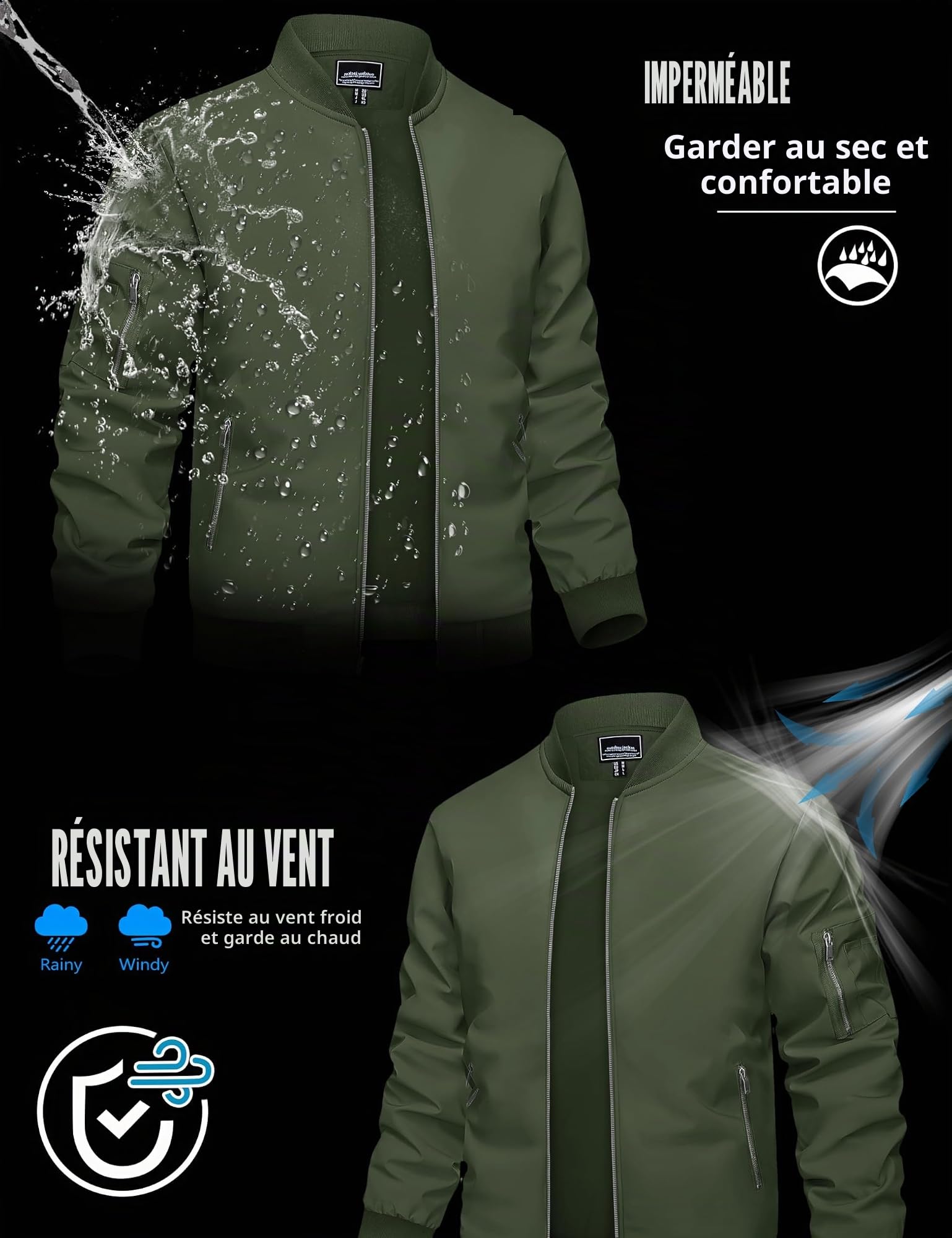 TACVASEN Veste Homme Mi Saison Imperméable Bombers Homme Coupe Vent avec Plusieurs Poches