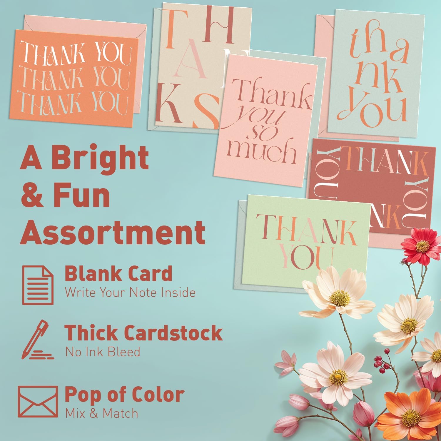 S&O Boho Thank You Cards with Envelopes, Blank Decor Sheets for Handwritten Messages, Set of 24 Greeting notes and covers, Assorted Thank You Cards with Stylish Color Envelopes to Mix & Match - Image 3
