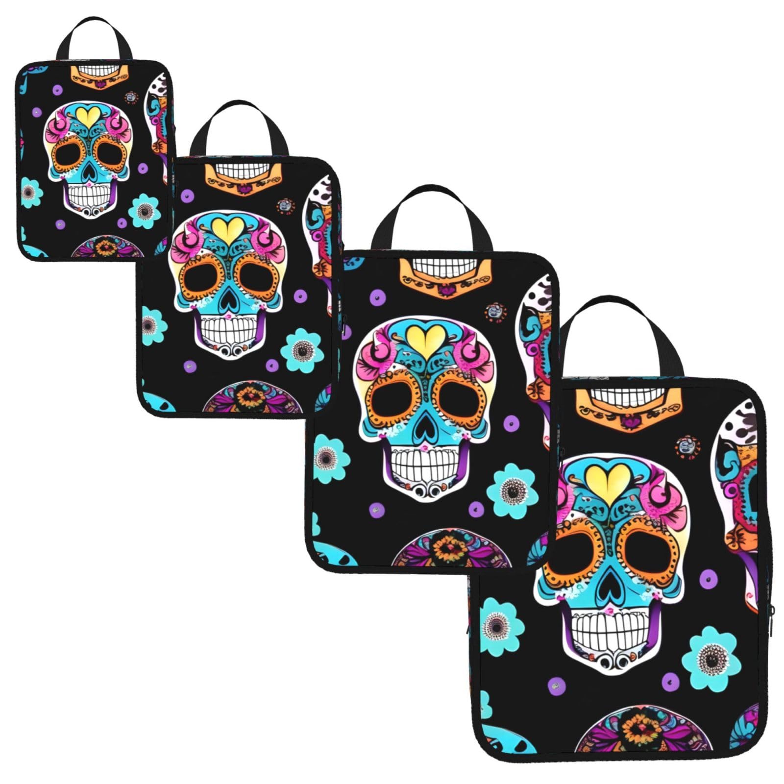 Sugar Skull Print 4 Set Compression Packing Cubes for Suitcases,Expandable Storage Bag Organizers